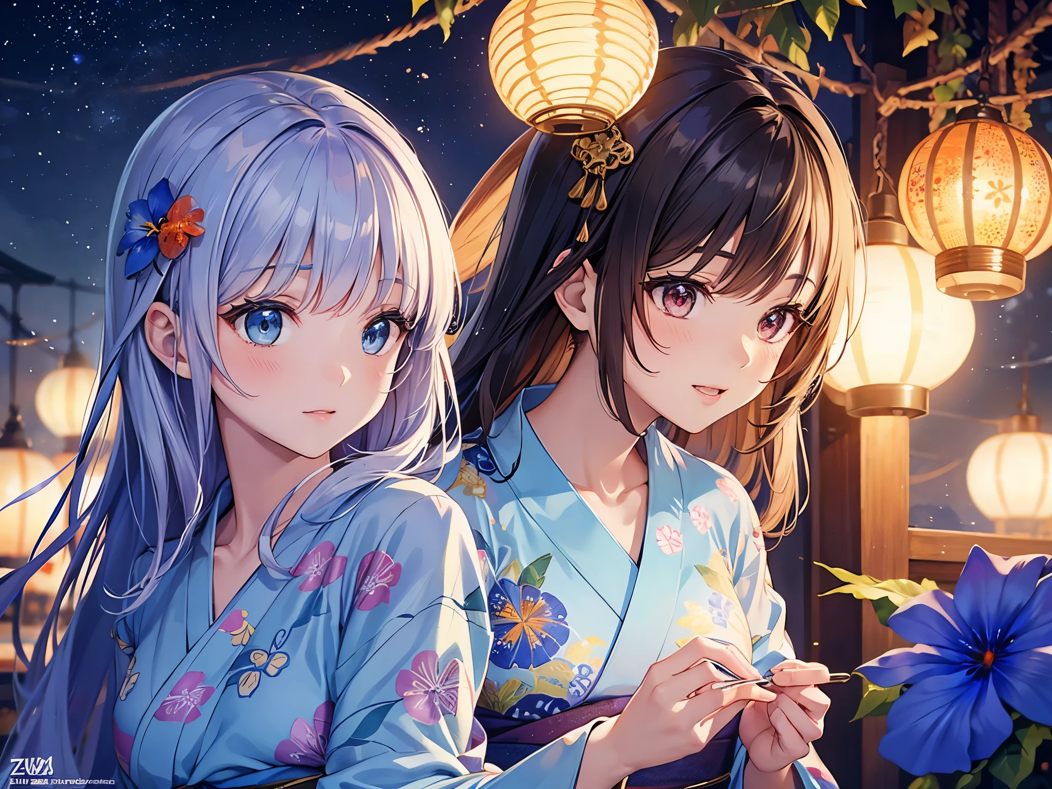 ((highest quality)),(ultra high resolution),(Super detailed),(detailed description),((best CG)),(best work of art),super precision art,amazing drawing art,(Fantasy art with intricate detail:1.5), (woman:1.6),(beautiful and well-shaped face:1.5),(A yukata with morning glories on light blue fabric:1.6) Colorful fireworks light up the night sky、Lights her up beautifully。She is looking up at the fireworks with joy。
