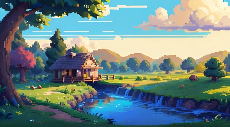 pixel art de uma pequena cabana em um campo com um riacho, beautiful pixel art detalhado, pixel art detalhado, detailed arte de pixel, pixel art animation, Estilo de arte pixelada, pixel art de alta qualidade, # pixelart, #pixelart, #pixelart:3, pixel art digital, paisagem rural de anime, pixelart, arte de pixel, Arte pixelada de 32 bits, Arte digital detalhada em 4k