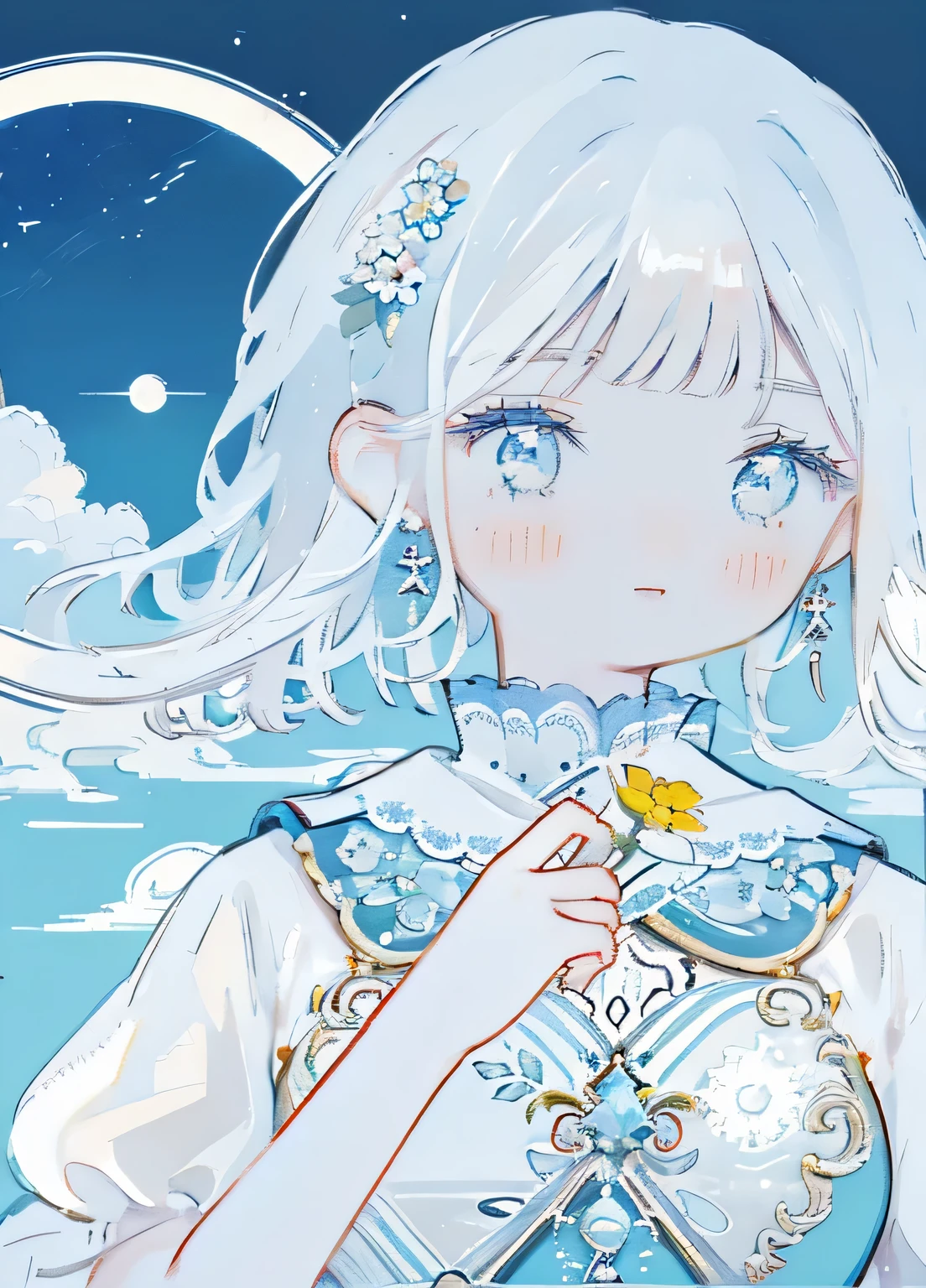 shouhui, 1girl, ..., bangs, bare shoulders, blue sky, blush, braid, circle, closed eyes, cloud, cloudy sky, facing viewer, flower, full moon, hair flower, hair ornament, jewelry, long hair, moon, praying hands, sky, smile, solo, upper body, white flower, white hair, short sleeves, puffy sleeves, blunt bangs, puffy short sleeves, see-through, hands up, cropped torso, limited palette, see-through sleeves, color guide, holding flowers, well-designed hair style