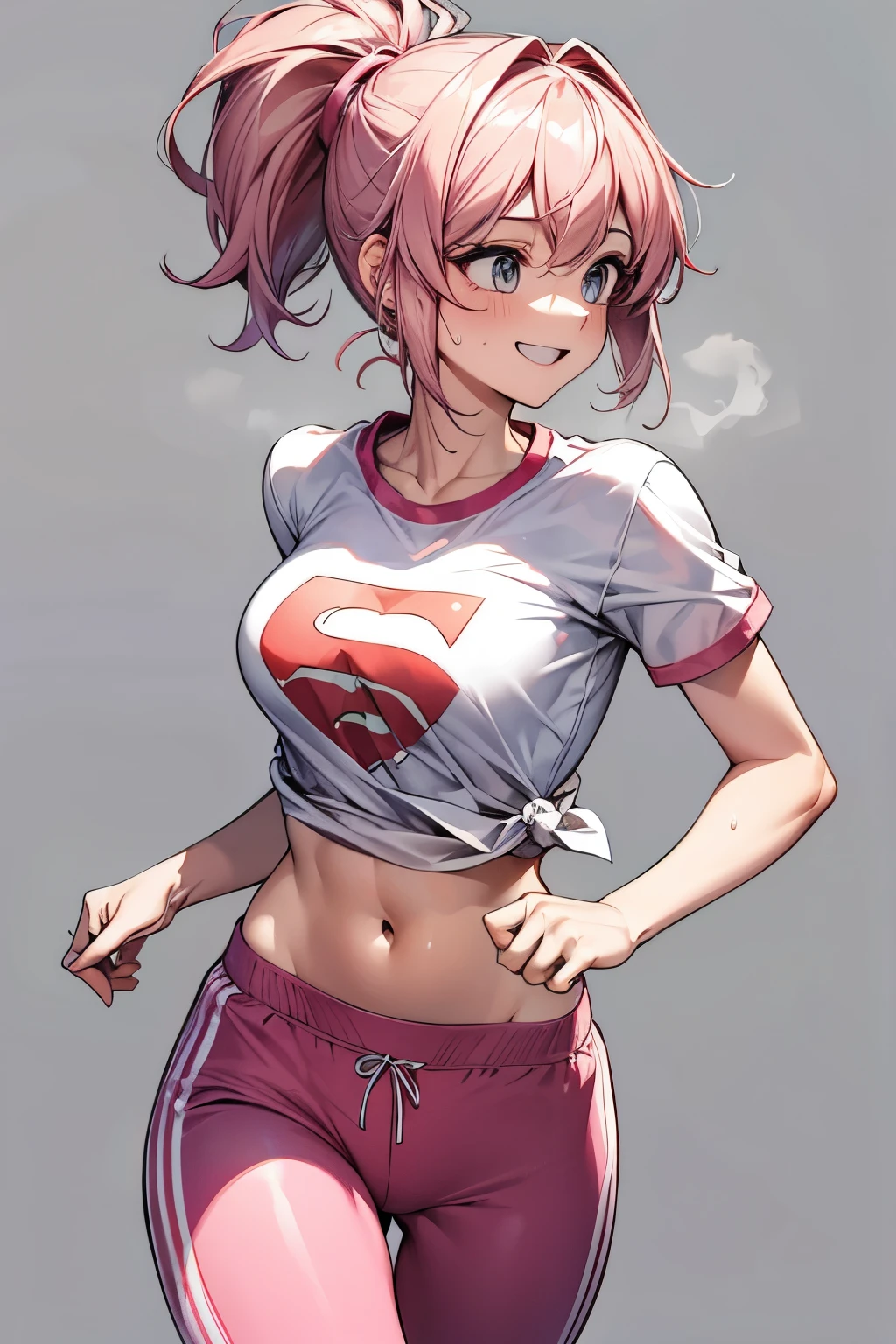 best quality, super fine, 16k, incredibly absurdres, extremely detailed, beautiful cute woman jogging, pink messy short ponytail, looks fun, happy, smile, wearing loose crop shirt, jogging pants, superlative body proportion, sweat, background park running course