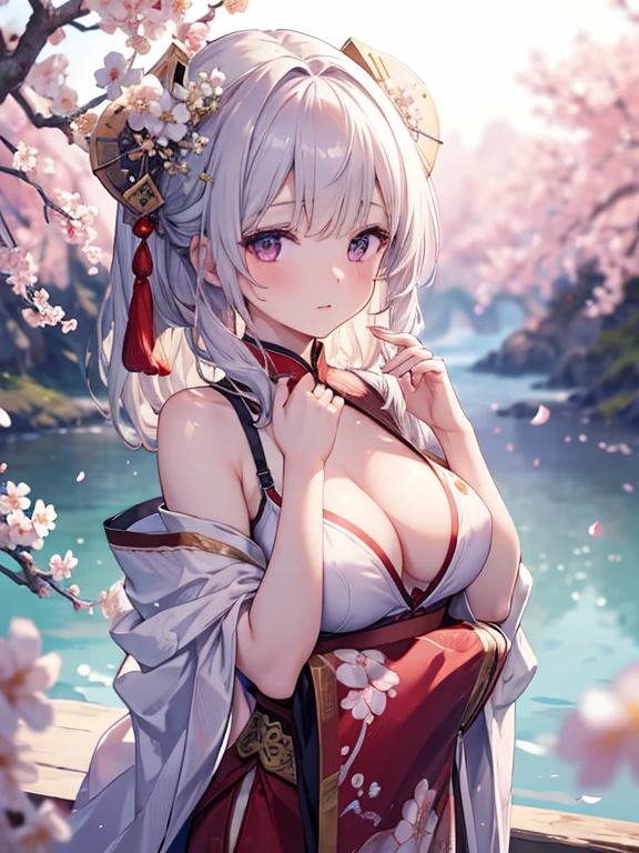 masterpiece,extremely detailed CG unity 8k wallpaper,1girl, beautiful, realistic, blurry, blurry_background, blurry_foreground, branch, plum blossom, depth_of_field, flower, jewelry, nose, realistic, solo,chinese clothes,fingers hidden, arms hidden, only wearing a bra,bare chest