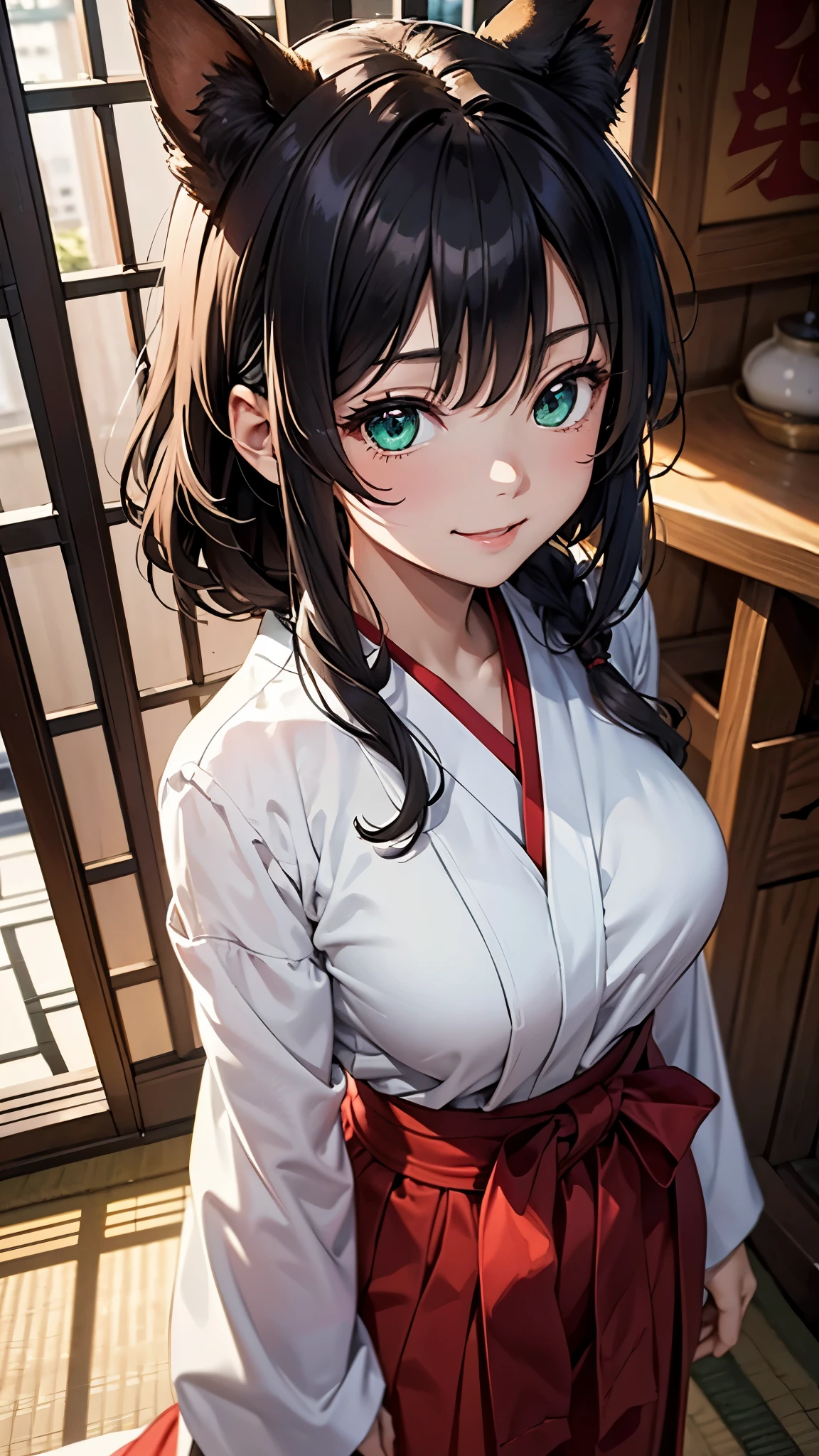 (最高masterpiece, highest quality,official art),((attractive woman),)((masterpiece, highest quality))、black hair、wavy hair、big bust、(Mystical beauty:1,3)、Japan priestess style、red colored hakama、fox ears、emerald green eyes、smile、red cheeks、sparkling eyes、narrow eyes、japanese shrine、Waist to head、aerial perspective、great illustrations、Light、Light、Light、