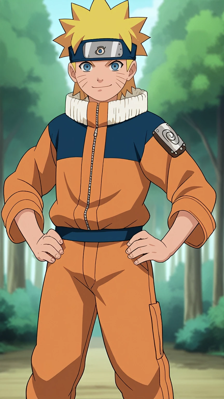 score_9, score_8_up,source_anime,
1boy, uzumaki naruto, blonde hair, spiked hair, blue eyes, whisker markings, facial mark, forehead protector, orange jumpsuit,
solo, looking at viewer, hands on hips, standing, smile, cowboy shot, outdoors, forest, anime screencap, anime coloring l, femboy, bulge