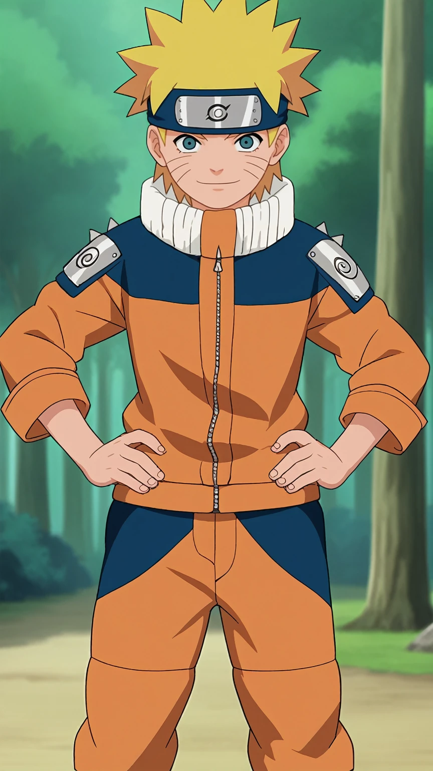 score_9, score_8_up,source_anime,
1boy, uzumaki naruto, blonde hair, spiked hair, blue eyes, whisker markings, facial mark, forehead protector, orange jumpsuit,
solo, looking at viewer, hands on hips, standing, smile, cowboy shot, outdoors, forest, anime screencap, anime coloring l, femboy, bulge