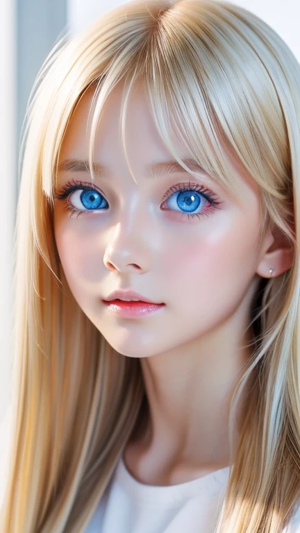 A beautiful Scandinavian girl with shining blonde hair、Transparent white glossy skin、Wind blonde gets in the way in front of a cute face、huge 、Cute little beautiful face of 20 years old、Beautiful straight blonde silky hair that stands out、blonde hair above the eyes、Big, bright, light blue eyes that shine beautifully、very big eyes、long silky bangs that cover cute eyes, Sexy face-hiding hair, super long blonde hair、Sexy cute young woman、Super long blonde with shiny light blonde hair、small face beautiful girl、very white shiny skin、Beautiful highlights for big eyes