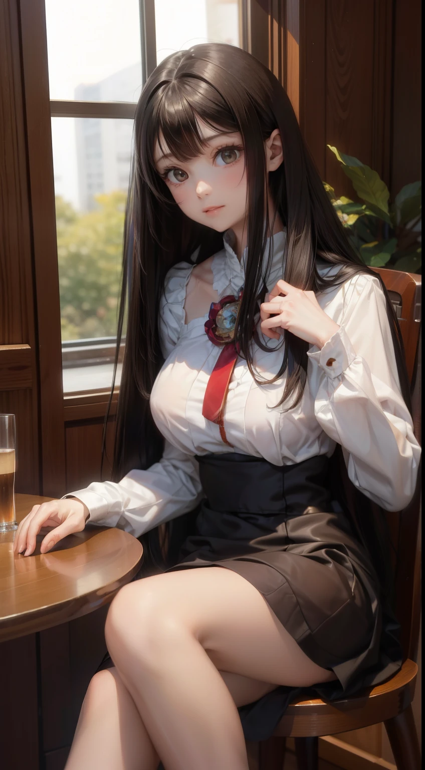 1 girl,(highly detailed skin),bent,,beautiful胸,big breasts,best image quality,surrealist portrait,(8K),Super realistic,最high quality, high quality, High resolution, high quality texture,high detail,beautiful,be familiar with,Very detailed CG,be familiar withテクスチャー,realistic facial expression,masterpiece,sense of presence,dynamic,bold),long hair,(super thin hair),(super soft hair),(ultra straight hair:1.5),流した長いbangs,black hair、bangs、hair above one eye、Wearing a floral dress、smile、indoor、Cafe、sitting in a chair、Two-dimensional beautiful girl