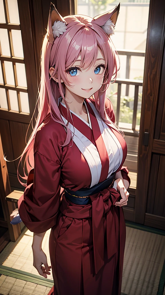 (最高masterpiece, highest quality,official art),((attractive woman),)((masterpiece, highest quality))、pink hair、straight hair、big bust、(Mystical beauty:1,3)、Japan priestess style、red colored hakama、fox ears、blue eyes、smile、red cheeks、sparkling eyes、narrow eyes、japanese shrine、Waist to head、aerial perspective、great illustrations、Light、Light、Light、