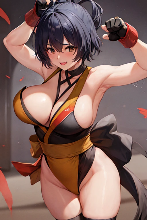 masterpiece, best quality, beautiful art, high resolution, well formed hands, body and fingers, 1 woman, solo, Xiangling, , grown up ,big breasted, cleavage, full body, black stockings, sleeveless, leotard peeking, pelvic curtain, sexy nese clothes, maid, hair ornament, gorgeous legs and thighs, she is fighting in a combat match at a martial arts tournament, she is getting ready to fight, making her guard pose, action and fighting scene, about to hit the viewer, looking at the viewer, sweating , feeling confident and proud, smiling joyfully and happily, charming her opponent with her beauty, bouncing breasts, fighting scene, martial arts tournament on the beach