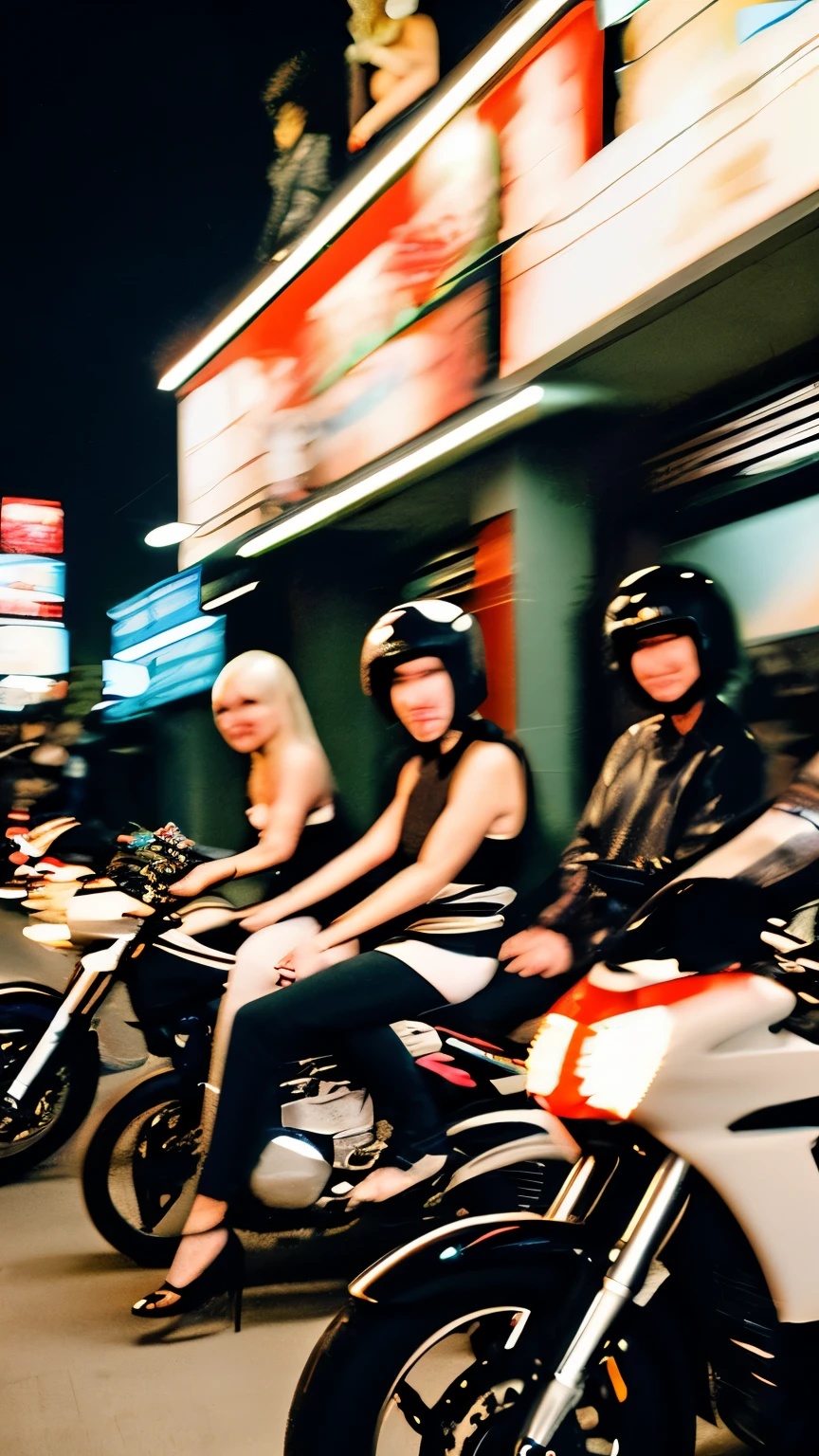 regent、blonde、black hair、5group of people、Bosozoku、、riding a motorcycle、night