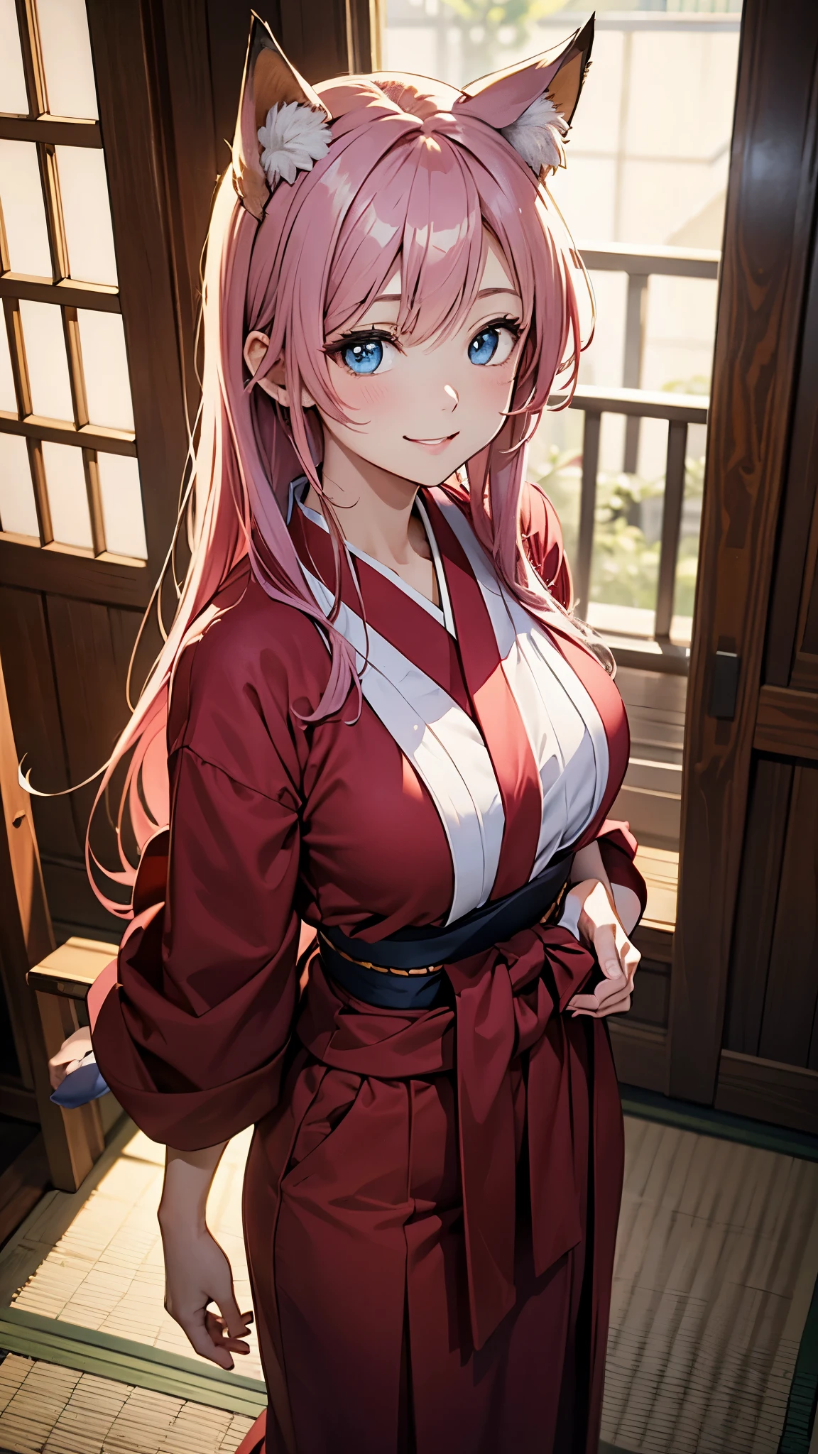 (最高masterpiece, highest quality,official art),((attractive woman),)((masterpiece, highest quality))、pink hair、straight hair、big bust、(Mystical beauty:1,3)、Japan priestess style、red colored hakama、fox ears、blue eyes、smile、red cheeks、sparkling eyes、narrow eyes、japanese shrine、Waist to head、aerial perspective、great illustrations、Light、Light、Light、