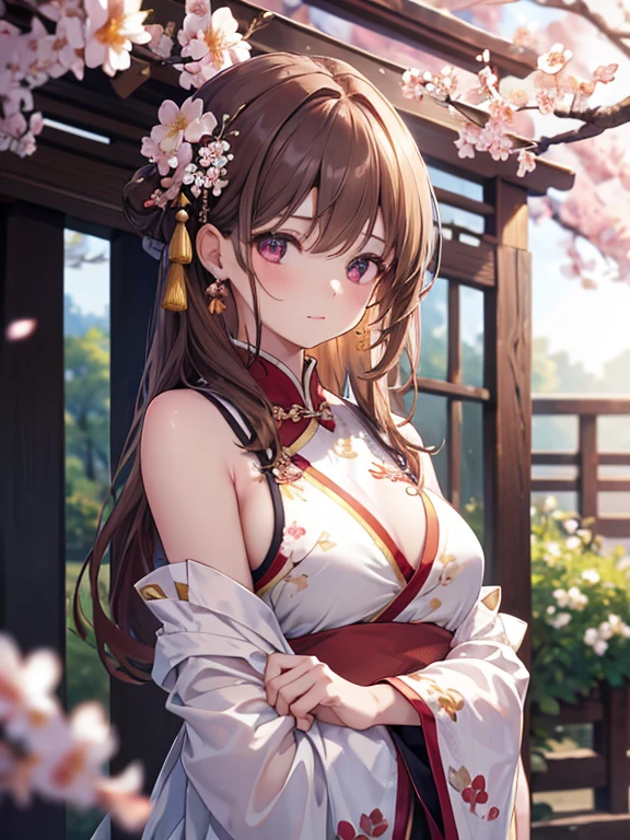 masterpiece,extremely detailed CG unity 8k wallpaper,1girl, beautiful, realistic, blurry, blurry_background, blurry_foreground, branch, brown_hair, plum blossom, depth_of_field, earrings, flower, jewelry, nose, realistic, solo,chinese clothes,fingers hidden, arms hidden, only wearing a bra