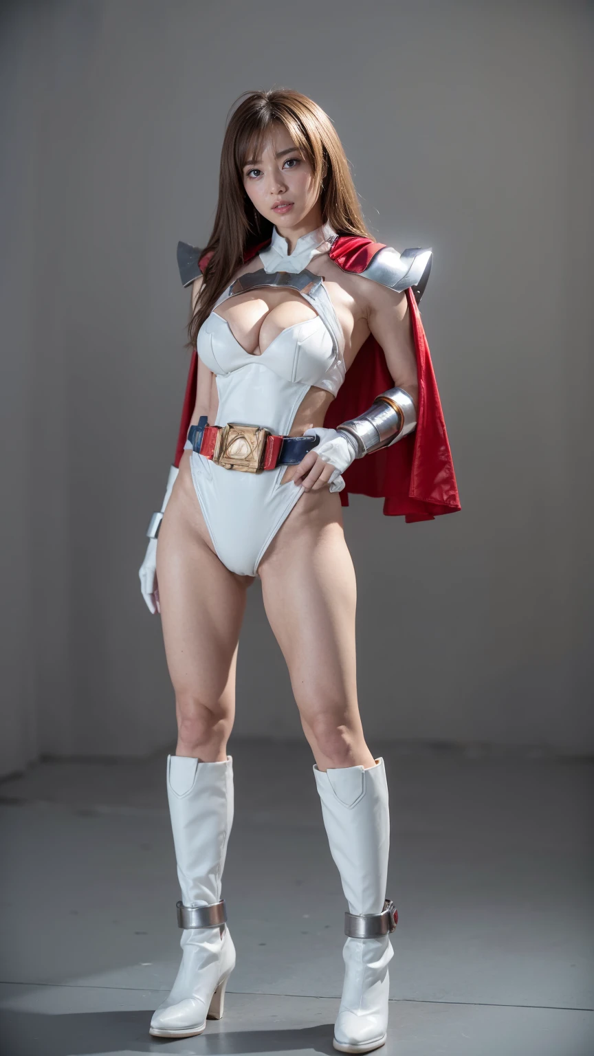 A woman wearing a Power Girl style Kamen Rider Majid costume、26 years old、Beautiful bare legs、brown hair、Outside honey medium bob hair、High resolution、8K、dull smile、erotic、beautiful feet、white micro bikini armor、shoulder metal armor、blue metal boots、red cloak、blue gloves、T-back、Wedgie、Mansuji、 Movie-like goddess body shot,unreal engine characters、standing posture、Transformation Belt Alchemist Driver
