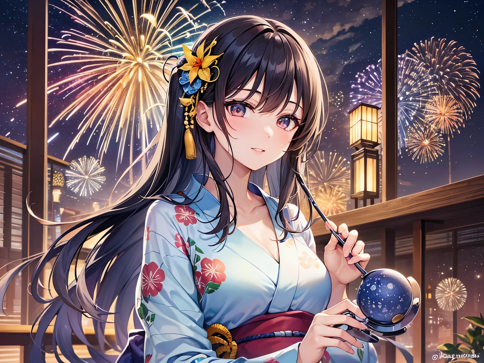 ((highest quality)),(ultra high resolution),(Super detailed),(detailed description),((best CG)),(best work of art),super precision art,amazing drawing art,(Art with precise details:1.5), (woman:1.6),(beautiful and well-shaped face:1.5),(A yukata with morning glories on light blue fabric:1.6), ((Colorful fireworks light up the night sky、Lights her up beautifully。She is looking up at the fireworks with joy。))