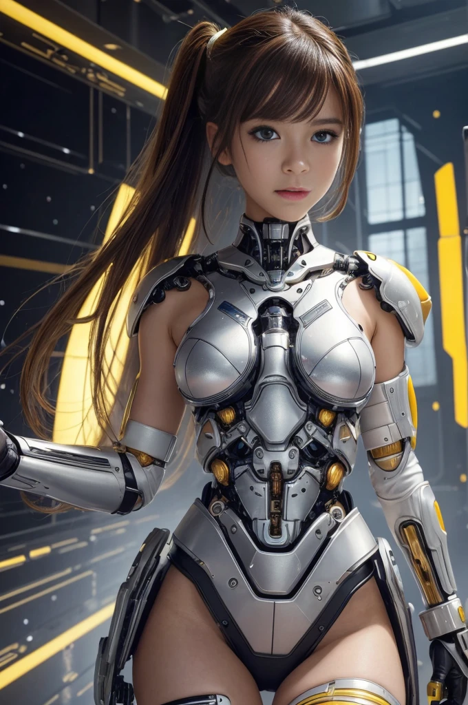 (Best Quality ,High resolution,masterpiece:1.2), Ultra-detailed, Realistic:1.37, (Perfect Anatomy), Full body like,1girl in, Flying, Cute and perfect beautiful 18 year old Japanese female cyborg, , android, (Cyborg surgery) Battle Mode Battle Look, Beautiful eyes, combat pose, Full body like, detailed facial features, detailed hairs, detailed costume, stunning eyes, Beautiful lips, Brown hair , Detailed white and yellow biopunk costume, cyber space