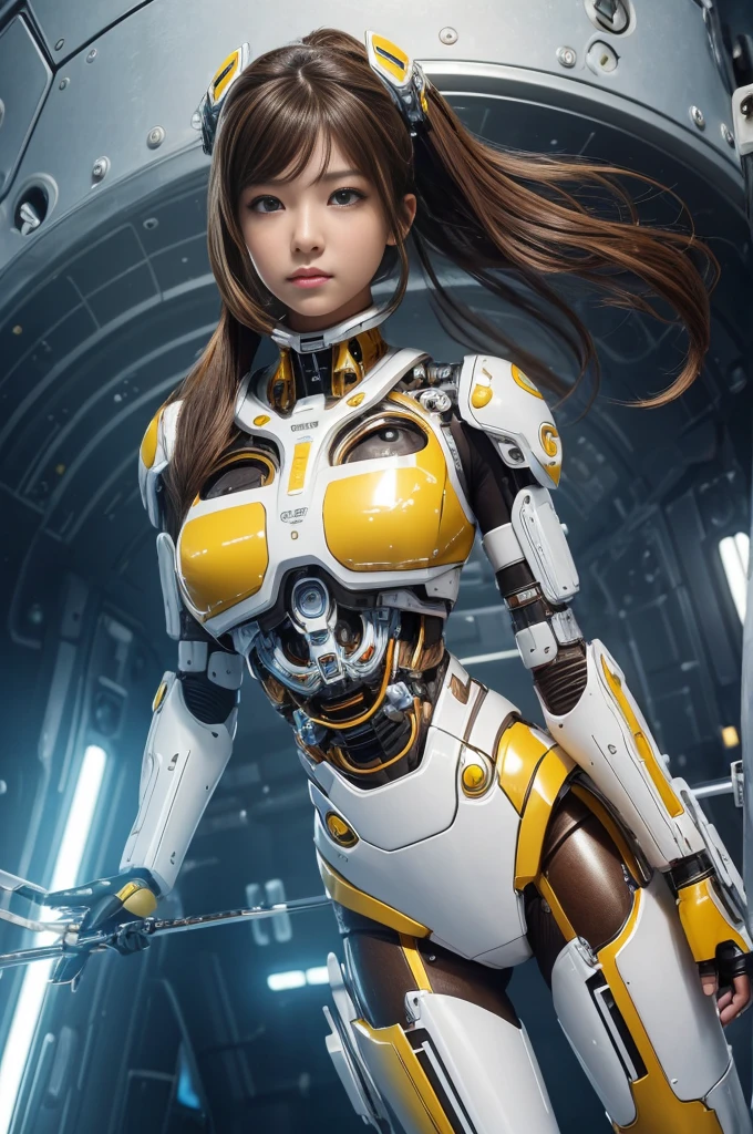 (Best Quality ,High resolution,masterpiece:1.2), Ultra-detailed, Realistic:1.37, (Perfect Anatomy), Full body like,1girl in, Flying, Cute and perfect beautiful 18 year old Japanese female cyborg, , android, (Cyborg surgery) Battle Mode Battle Look, Beautiful eyes, combat pose, Full body like, detailed facial features, detailed hairs, detailed costume, stunning eyes, Beautiful lips, Brown hair , Detailed white and yellow biopunk costume, cyber space
