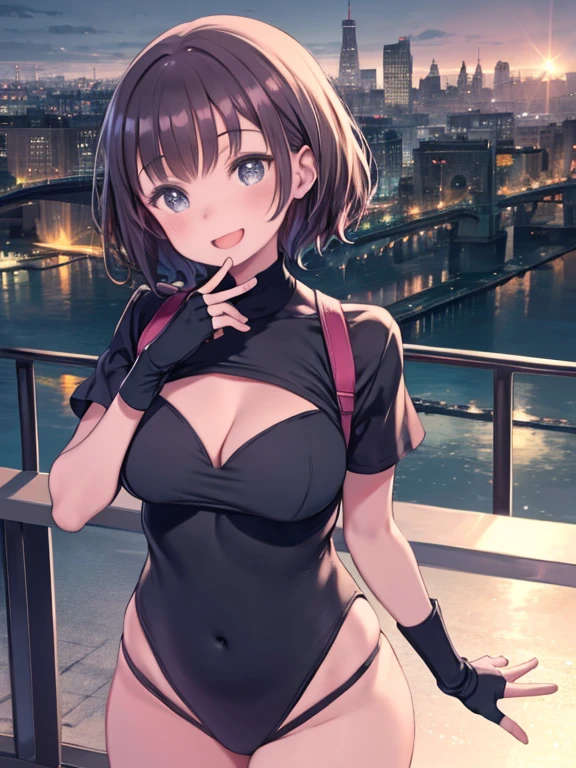 excel, excel, cleavage, fingerless gloves, Plump short sleeves, black leotard, 1 girl, alone, Upper body, smile, open your mouth, city