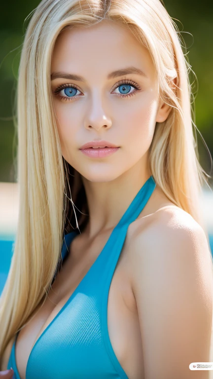 A beautiful Scandinavian girl with bright and beautiful blonde hair.、A peerless beautiful girl、Very beautiful super long straight silky hair、bangs between eyes、blonde hair above eyes、片blonde hair above eyes、Her big, bright light blue eyes shine beautifully.、very big eyes、small face beauty、cheek highlights、Her skin is very white and shiny and very beautiful.、pieces fly, highest quality, figure, Super detailed, small details, High resolution, 8K Dende Wallpaper, 完璧なダイナミックな構figure, detailed and beautiful eyes , of the pool, sexy face,In underwear,full body photo