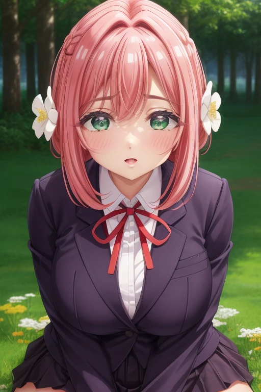 Sitting on your lap,White,Arms under breasts,
èŠ±åªªªé¸é‡Œ,1 girl,alone,hair flower,pink hair,hair accessories,stripe,hair between eyes,green eyes,pupilas brights,hair intake,short hair,side lock,branch flowers,
Uniforms,shirt de gola,red belt,neck strap,shirt branca,purple jacket,plump,shirt,long sleeves,pleated skirt,mini skirt,Purple skirt,Thick thighs,, Beautiful visual effects, HD,main part,最好的quality,, 18 years,young women,beautiful fingers,Changbai flower,Colepo bonito,beautiful nose,Beautiful character design, perfect eyes, Face perfeito,expressive eyes,
looking at the audience,
official art,extremamente detalhado CG unidade 8K papel de parede, perfect lighting,Coleido, bright_forehead_Face_light,pele bright, 
(main part:1.0),(better one_quality:1.0), ultra high resolution,4K,Super detailed,
photography, 8K, high dynamic range, , case:1.2, Portrait Kodak 400, film particles, blurred background, Bokeh:1.2, lens flare, (energetic_Cole:1.2), (fair_Face:1.5),(narrow_waist), ,National Science Foundation,