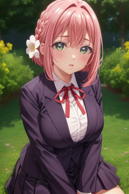 Sitting on your lap,White,Arms under breasts,
èŠ±åªªªé¸é‡Œ,1 girl,alone,hair flower,pink hair,hair accessories,stripe,hair between eyes,green eyes,pupilas brights,hair intake,short hair,side lock,branch flowers,
Uniforms,shirt de gola,red belt,neck strap,shirt branca,purple jacket,plump,shirt,long sleeves,pleated skirt,mini skirt,Purple skirt,Thick thighs,, Beautiful visual effects, HD,main part,最好的quality,, 18 years,young women,beautiful fingers,Changbai flower,Colepo bonito,beautiful nose,Beautiful character design, perfect eyes, Face perfeito,expressive eyes,
looking at the audience,
official art,extremamente detalhado CG unidade 8K papel de parede, perfect lighting,Coleido, bright_forehead_Face_light,pele bright, 
(main part:1.0),(better one_quality:1.0), ultra high resolution,4K,Super detailed,
photography, 8K, high dynamic range, , case:1.2, Portrait Kodak 400, film particles, blurred background, Bokeh:1.2, lens flare, (energetic_Cole:1.2), (fair_Face:1.5),(narrow_waist), ,National Science Foundation,