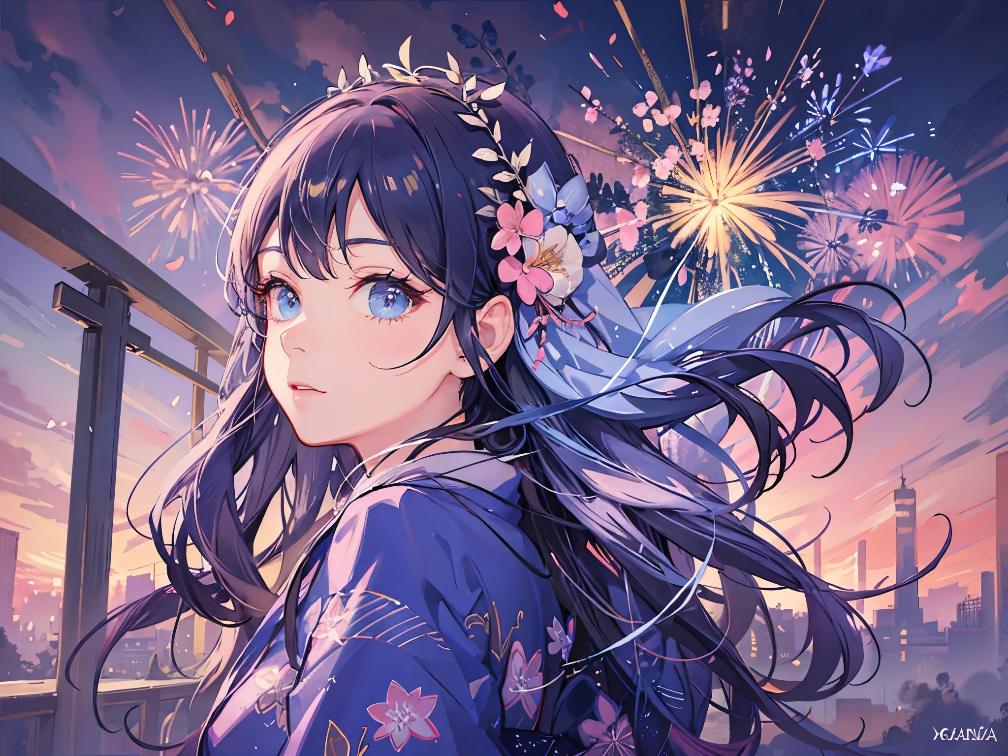 ((highest quality)),(ultra high resolution),(Super detailed),(detailed description),((best CG)),(best work of art),super precision art,amazing drawing art,(Art with precise details:1.5), (woman:1.6),(beautiful and well-shaped face:1.5),(A yukata with morning glories on light blue fabric:1.6), ((Colorful fireworks light up the night sky、Lights her up beautifully。She is looking up at the fireworks with joy。))