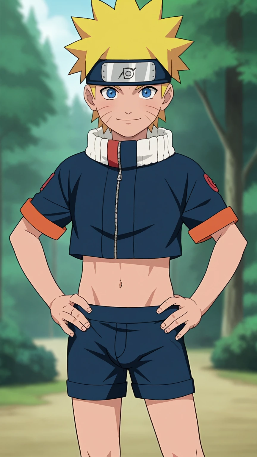 score_9, score_8_up,source_anime,
1boy, uzumaki naruto, blonde hair, spiked hair, blue eyes, whisker markings, facial mark, forehead protector, crop top,
solo, looking at viewer, hands on hips, standing, smile, cowboy shot, outdoors, forest, anime screencap, anime coloring l, femboy, bulge,sexy, shorts
