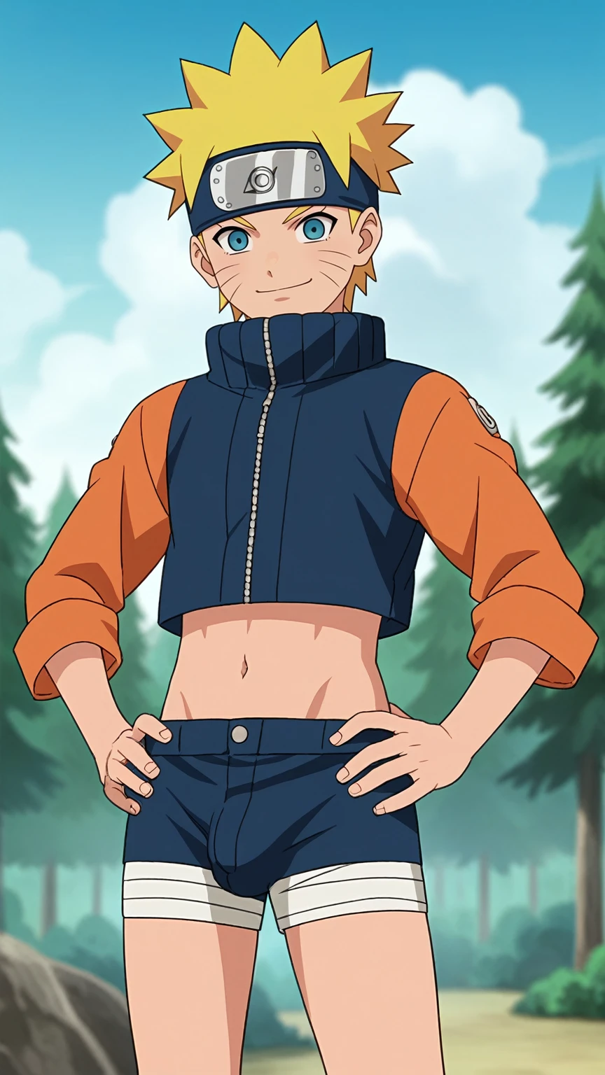 score_9, score_8_up,source_anime,
1boy, uzumaki naruto, blonde hair, spiked hair, blue eyes, whisker markings, facial mark, forehead protector, crop top,
solo, looking at viewer, hands on hips, standing, smile, cowboy shot, outdoors, forest, anime screencap, anime coloring l, femboy, bulge,sexy, shorts
