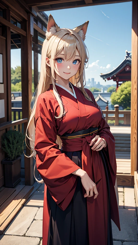 (最高masterpiece, highest quality,official art),(attractive woman),((masterpiece, highest quality))、blonde、long hair、big bust、(Mystical beauty:1,3)、Japan priestess style、red colored hakama、fox ears、blue eyes、smile、red cheeks、sparkling eyes、narrow eyes、japanese shrine、Waist to head、aerial perspective、great illustrations、Light、Light、Light、