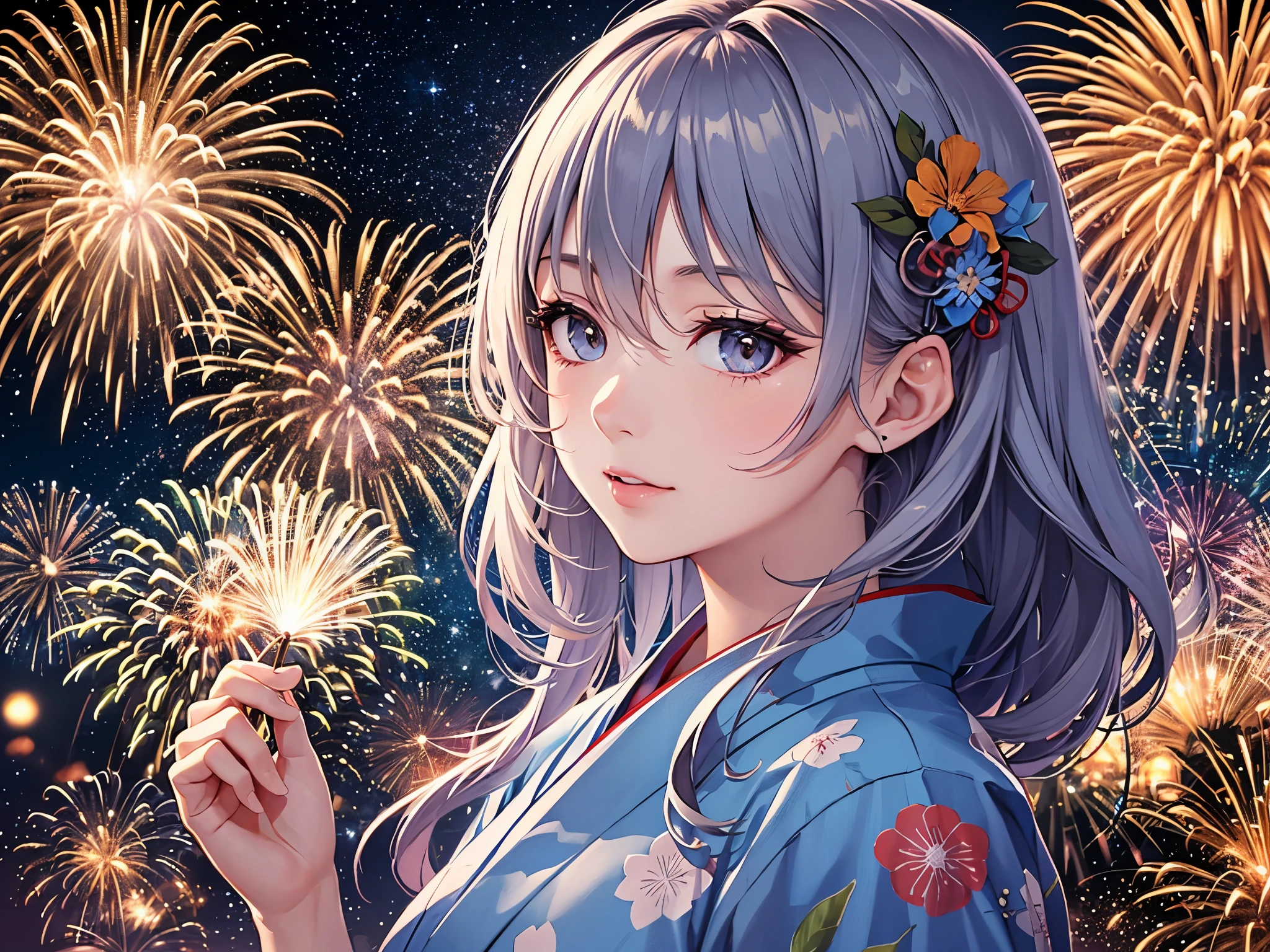 ((highest quality)),(ultra high resolution),(Super detailed),(detailed description),((best CG)),(best work of art),super precision art,amazing drawing art,(Art with precise details:1.5), (woman:1.6),(beautiful and well-shaped face:1.5),(A yukata with morning glories on light blue fabric:1.6), ((Colorful fireworks light up the night sky、Lights her up beautifully。She is looking up at the fireworks with joy。))