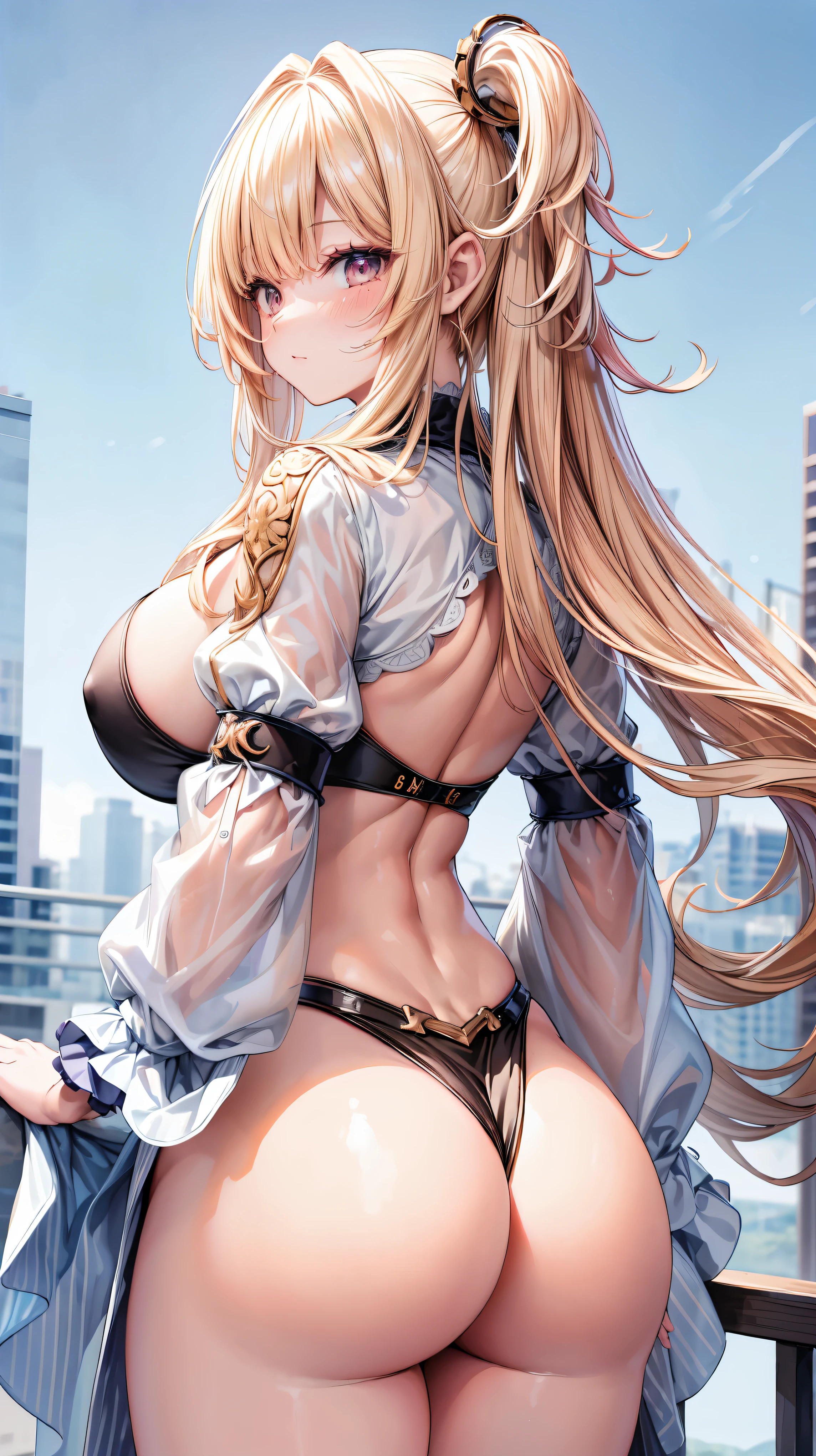 ultra-detailed、highest quality、Highest image quality、master piece、8K、blonde curly hair、(SFW huge body)、(((Rear view)))、cowboy shot
