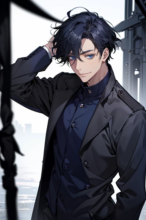 masterpiece, highest quality, disorganized, male,dark blue hair,there&#39;s no one behind me,sharp dark blue eyes,trench coat,hangar,dark blue eyes,quiet,Calm,gentle smile