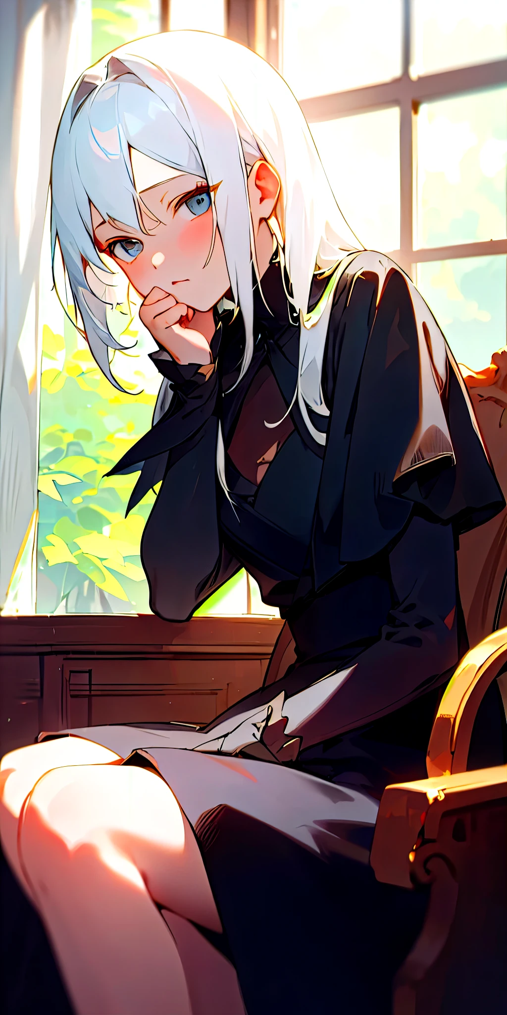 (masterpiece, best quality),1 girl with white hair sitting at the window, She put her hand under her chin, warm light, black dress, Blurred foreground