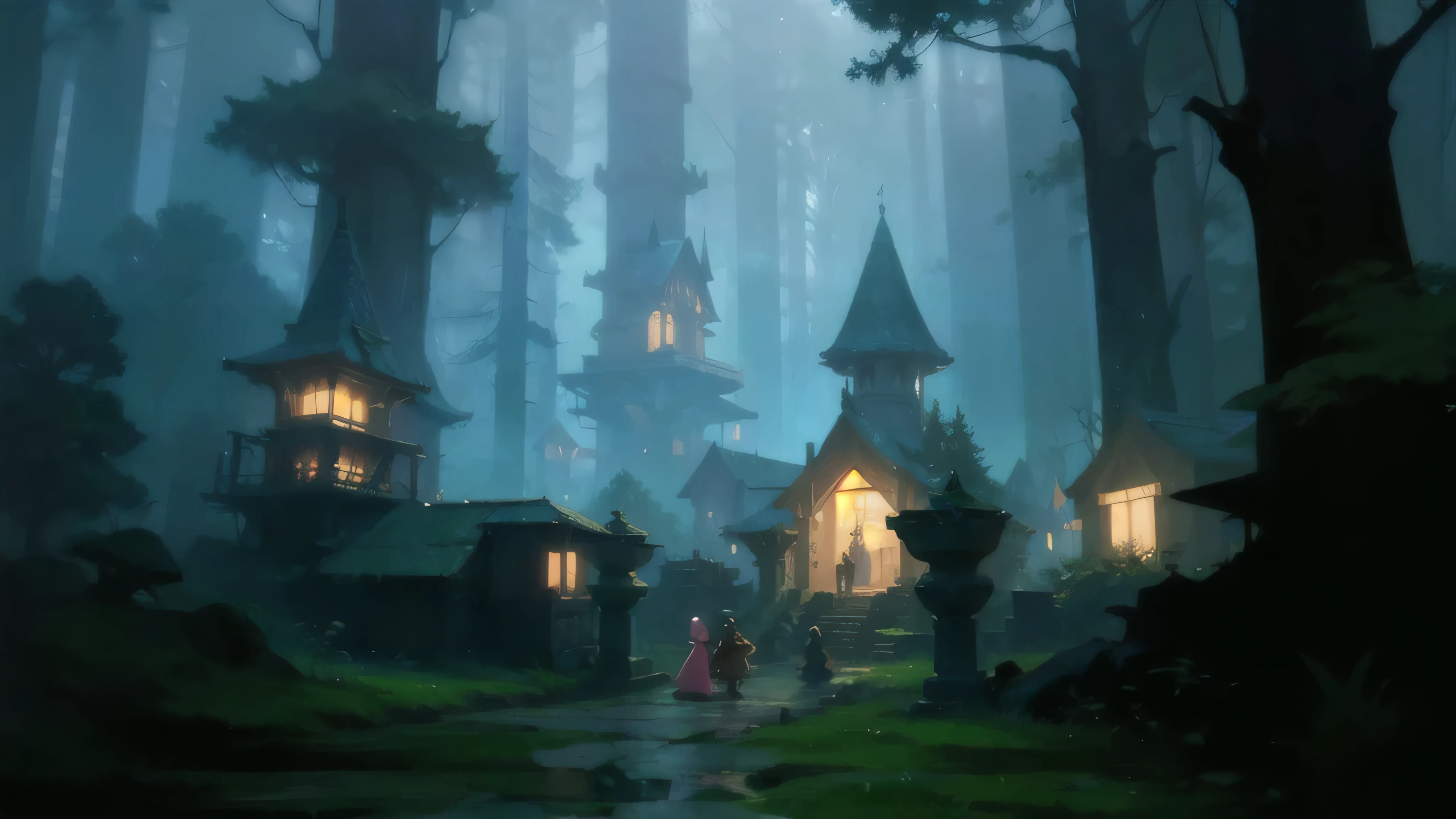a close up of a person walking in a forest near a building, inspired by Andreas Rocha, andreas rocha style, village in the woods, by Andreas Rocha, medeival fantasy town, the style of andreas rocha, background art, magical concept art, magical fantasy 2 d concept art, painted by andreas rocha, fantasy matte painting,cute