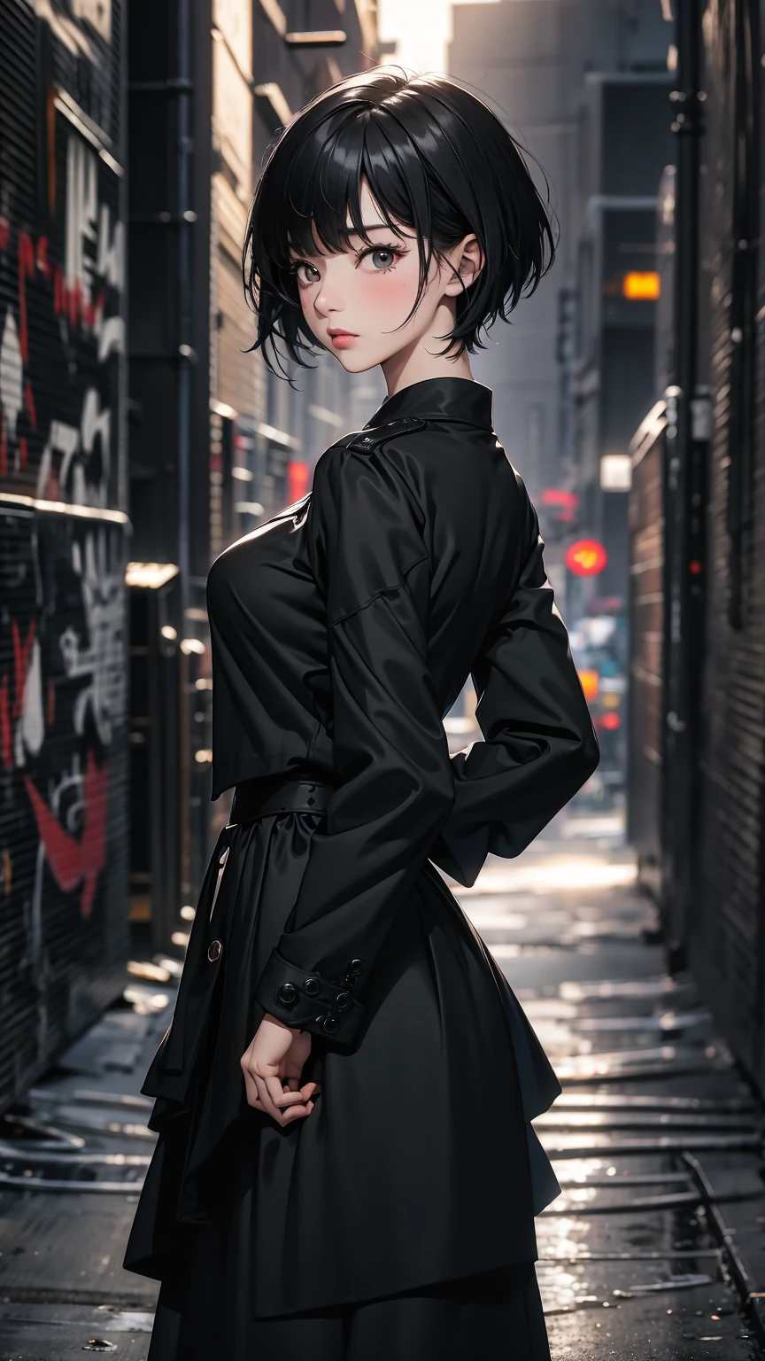 ((Highly detailed CG unit 8k wallpaper, masterpiece, High resolution, highest quality, highest qualityのリアルテクスチャスキン)), ((Upper body, Hands in pockets pose:1.3, fashion model pose, A cool NY fashion girl influenced by nostalgic and inorganic mode fashion., detailed costume:1.2, Coordination of black lace layered maxi skirt and military jacket:1.3, Asymmetrical short hair, Nana Komatsu)), (((blurred background, An empty back alley in New York where black and white graffiti art shines))), hyper realistic, digital painting, concept art,