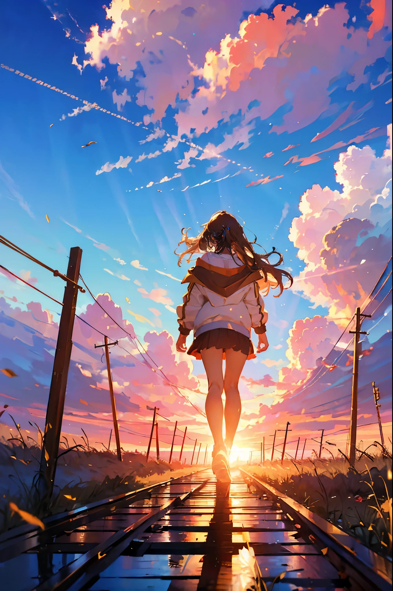(masterpiece), (best quality), masterpiece, best quality, (best quality, masterpiece, ), [[:✋,:0.5]::0.8],1girl, long gold hair, off-shoulder jacket, bare shoulders, miniskirt, from behind, ((walk on the rails)), open hands, wind, abandoned railroad tracks, blue sky, light rays,