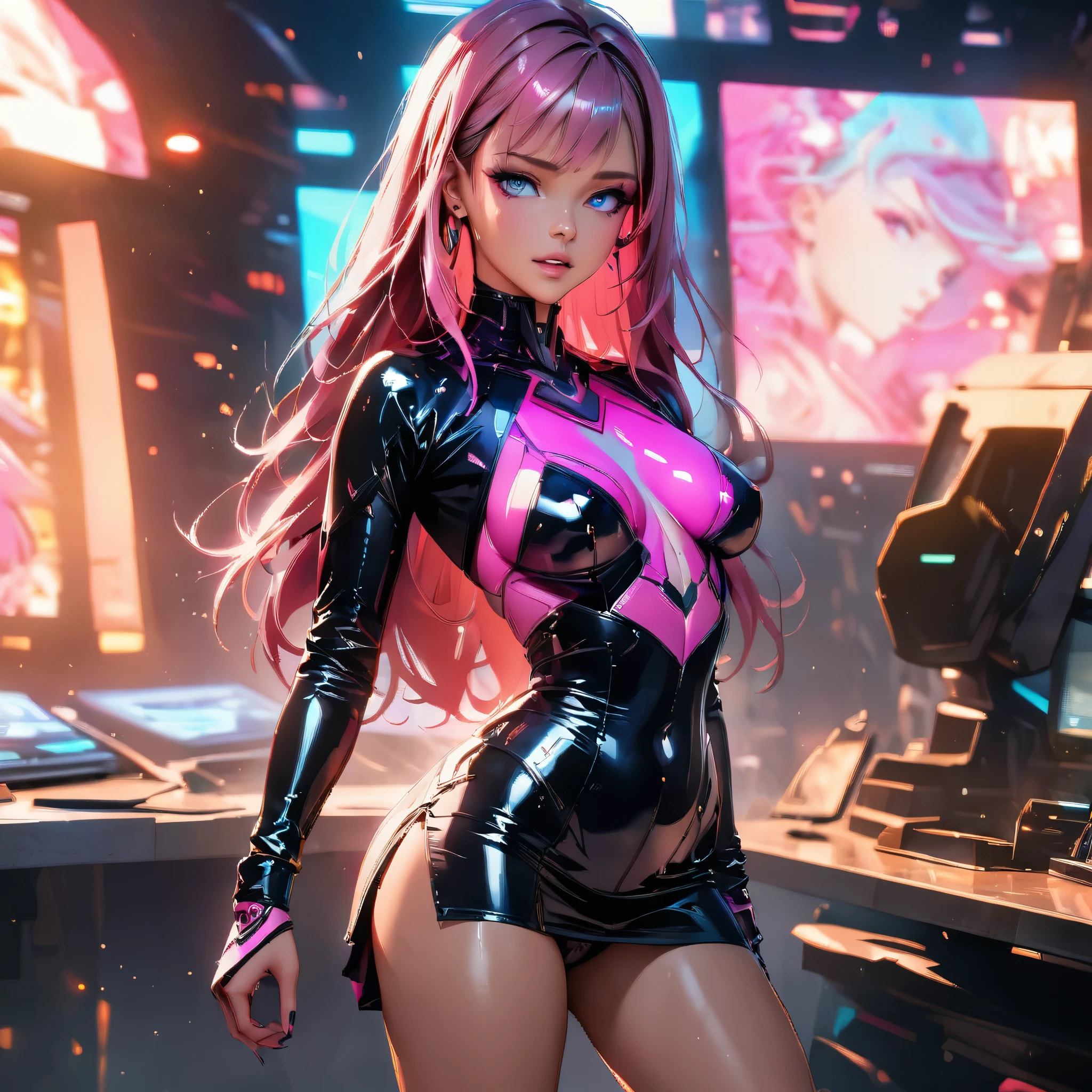 ((Very nice young girl in full height +))_((With pink hair, posing in black and pink clothes with a pink rhinoceros), (tanned skin, dark skin, seductive - hot stripper), (very sexy), (NSFW), (modern style, comics, cyberpunk, future, colored fill, rich colors))_((Very elegant, stands half-turned, athletic posture), (looks at the viewer). Tattoos on the body, fashionable short dress, devices on the body))_(( Strip club, city of the future, evening city, lights, illumination), (high image quality, Full HD), (cinematic comic, 3D visualization_in comic style - linear stroke, color fill, high-quality stroke - masterpiece), (TOP computer graphics ART) )_((Dark lighting, strong shading), (bright, anime, comic, creative, sharp focus, 8K))_(Highly detailed drawing, lines, high-quality background (shades of cool tones, red, warm highlights, side lighting), (Architecture, cyberpunk, futurism. Film grains, dust and particles in the air)).