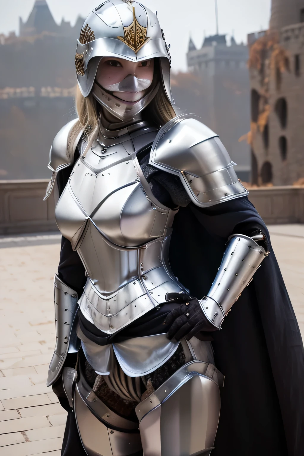 best quality、table top、超A high resolution、(realistic:1.4)、infp young woman、(modeled:1.2)、small head、small face、blonde hair、long legs、(Decorated night helmet covering the face:1.7)、(Richly decorated white full-body armor:1.3)、Tight waist armor、(Falls Armor:1.9)、(Silver Crotch Protector:1.4)、Foot armor、(black cloak:1.5)、(full body:1.4)、smile、beautiful teeth、(perfect body:1.7)、The background is a castle、luxurious silver armor、white woman、blue eyes、blonde