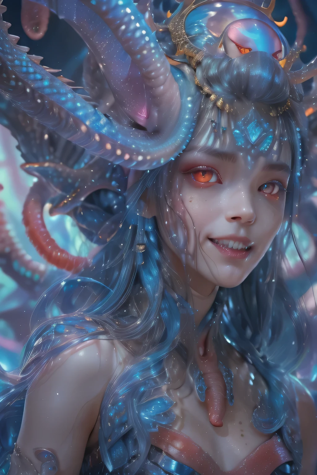 The detailed art is awesome and sexy with color., Portrait, (Beautiful and obscene female alien:1.4), (Rudeness 1.5), (She has red eyes with no pupils.:1.8), (Bright skin:1.7),  ((There is an organ resembling a female genitalia in the middle of the forehead.:1.9)), (The most beautiful faces in the history of the universe:1.2),The evil eyes that beguile, (big mouth:1.1), (Sharp teeth like a vampire:1.2), full body image, (bioluminescent:1.5), (evil smile:1.3),  (sexy pose:1.5), Incredibly beautiful aliens, (She has unrivaled beauty.:1.5),  no human, cells are fused, (Many translucent tentacles:1.3) extraterrestrial, cell, Biological image, best quality, 8k,In 4K format_quality, Highly refreshing, incredible light, table top:1.5,cinematic quality, More details, (exquisite details:1.2), high resolution, Highly refreshing, Honest drawing, (Thick eyebrows:1.2), Beautiful eyes have delicate symmetry.,(Highly detailed faces and eyes:1.2), close face, (Super detailed skin quality feeling:1.4), perfect anatomy,  (The body has a beautiful tone.:1.5),  (Moisturized skin:1.2), No makeup, (dark circle:1.1), Long fangs, Movie character drawing, ultra high quality model, cinematic quality, More details, (exquisite details:1.2), high resolution, Highly refreshing, Honest drawing, official art, Unity 8k Wall  , 8k Portrait, best quality, Very high resolution, Ultra-detailed artistic photography, midnight aura,  Unreal Engine 5, Extremely sharp focus, Artwork by Amano Yoshitaka., RTM germs, Rorich, intricate artwork, best quality, Masterpiece, ultra high resolution, (photorealistic photo:1.4), Ultra-realism, dreamlike, snail, Imagination, snail, Dream snail, (biopunk snail:1.3),Exciting color tones, Ultra-realism, charming smile, (white and blue mustache:1.4), Delicate gold accents 