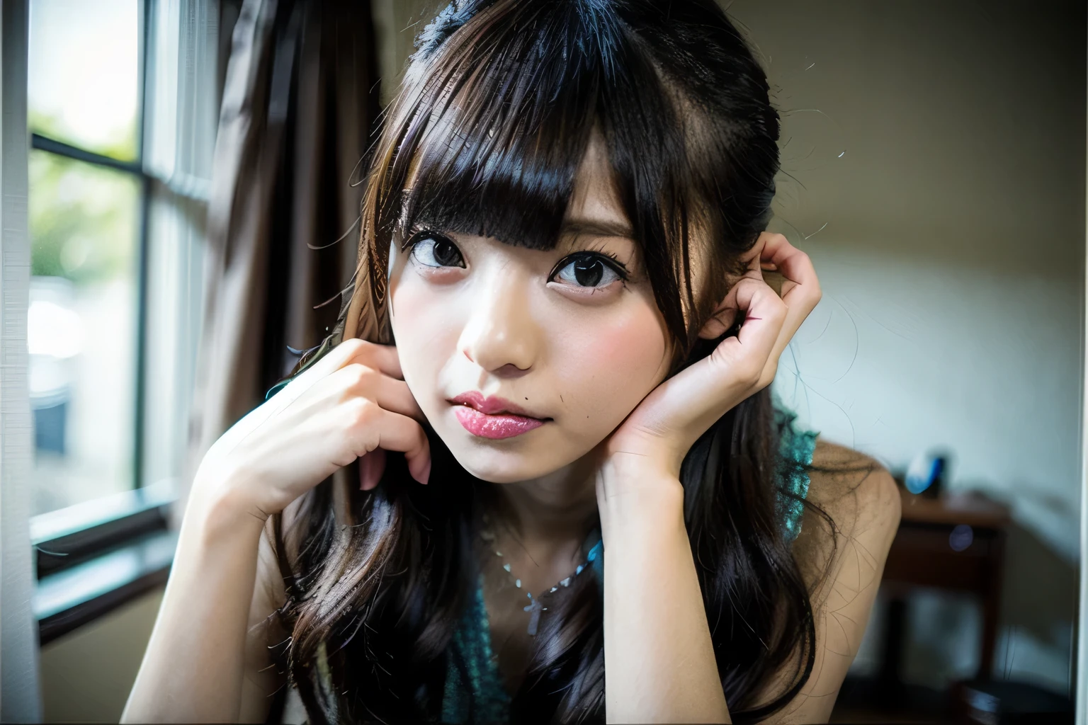 (surreal), highest quality, ultra high resolution, ((kiss (Twin Slim Girls)), (舌kiss: 1.2), (french kiss: 0.8), bangs, Asian, indoors, detailed face, black thighs, bad eyes, short hair, compensate, fine black hair, Death Eyes, Detari Lips, cosplay, underarm display, Blurry window background, jewelry, (Pueros face_V1:0.8), (Ulzzang-6500:0.66)、