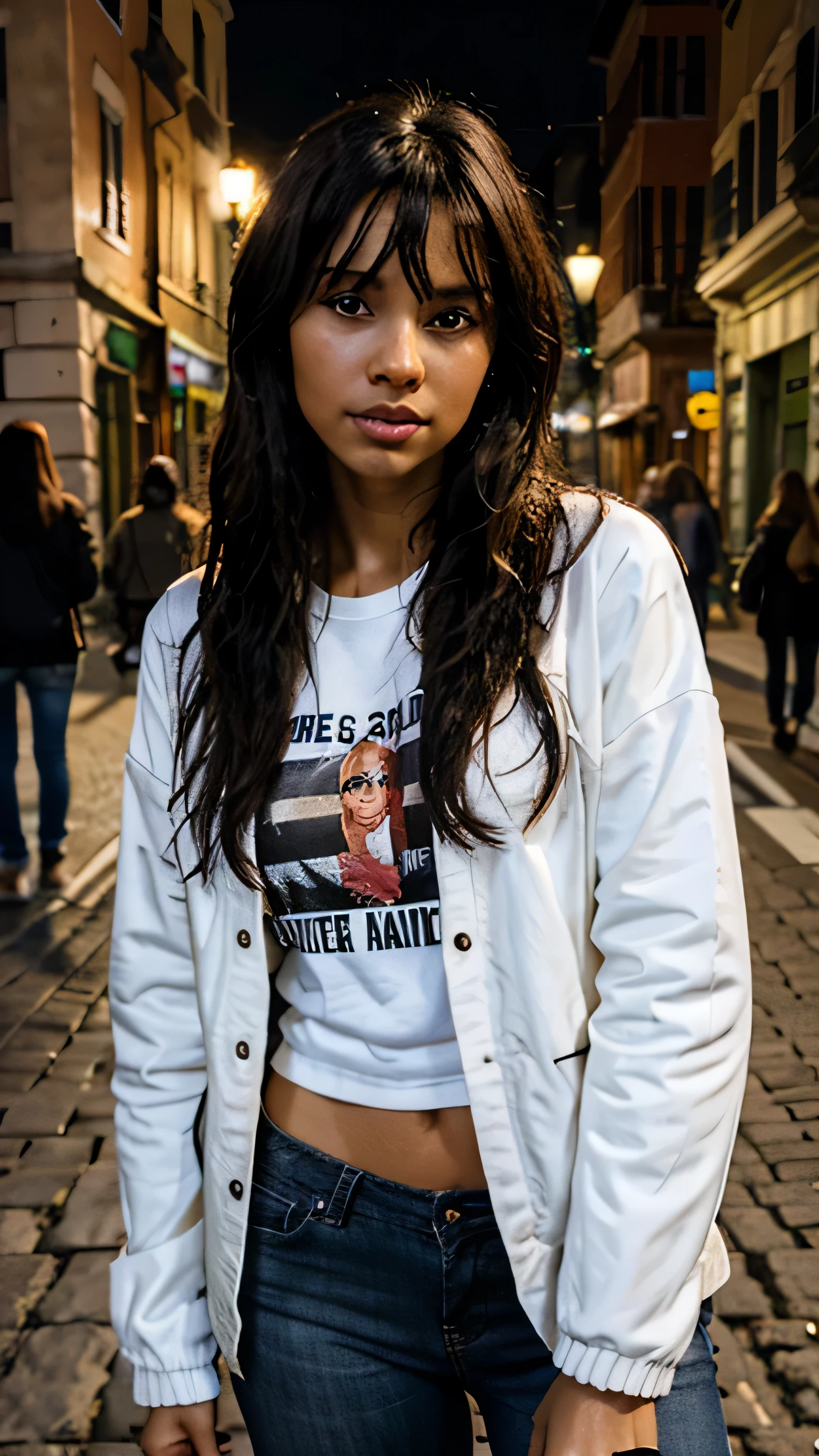 Beautiful Black Female, An ultra-detailed photo of a 22-year-old brunette girl, with wet hair, with side bangs and loose, brown eyes, natural beauty, calm expression, warm skin tone, strong body, wearing a white tight t-shirt, with a jacket, in a large street in Rome, no jewelry, no makeup, dramatic illumination, 4k.