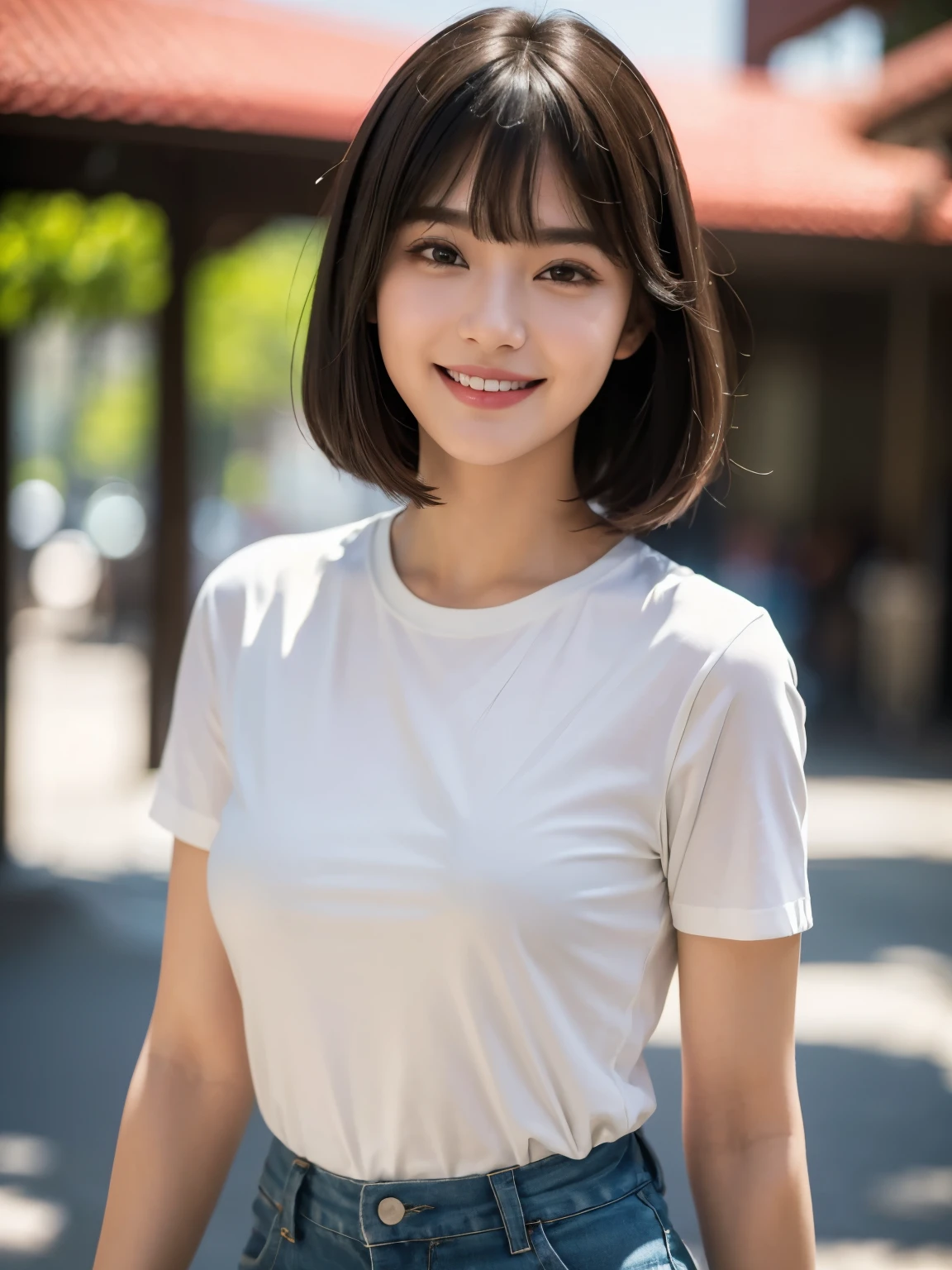 (highest quality,masterpiece:1.3,ultra high resolution),(Super detailed,caustics),(realistic:1.4,RAW shooting),1 girl,flat bangs、smile、Blurred background, (Vibrant color saturation), T-shirt、pants