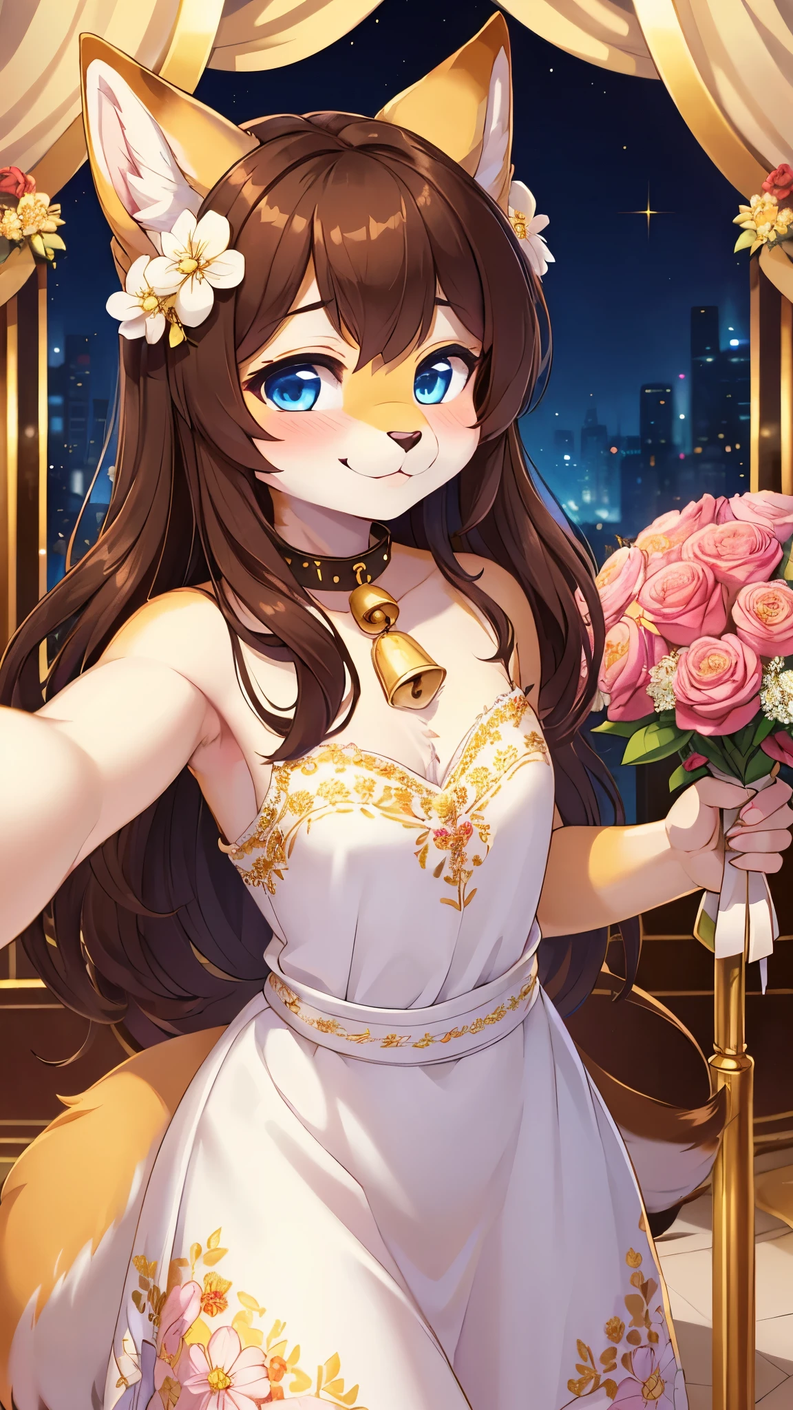 best quality,best resolution,(fluffy anthro furry :1.6),(young :1.6),dog girl,small breasts,gold canine ears,gold dog tail,gold body fur,dark brown long hair,wavy hair,curvy hair,blue eyes,sparkle eyes,glistering eyes,small bell collar,flower hair ornaments,white dress with flower embroidery,raffles,sleeveless,bare shoulder,flowers surronded,floral decoraton ornaments,ribbon bondage,luxury flower shop,looking at viewer,full face blush,shy face,horny smile,holding bounquet,panoramic view,white gorgeous gown with gold floral embroidery,two hand selfie,front view