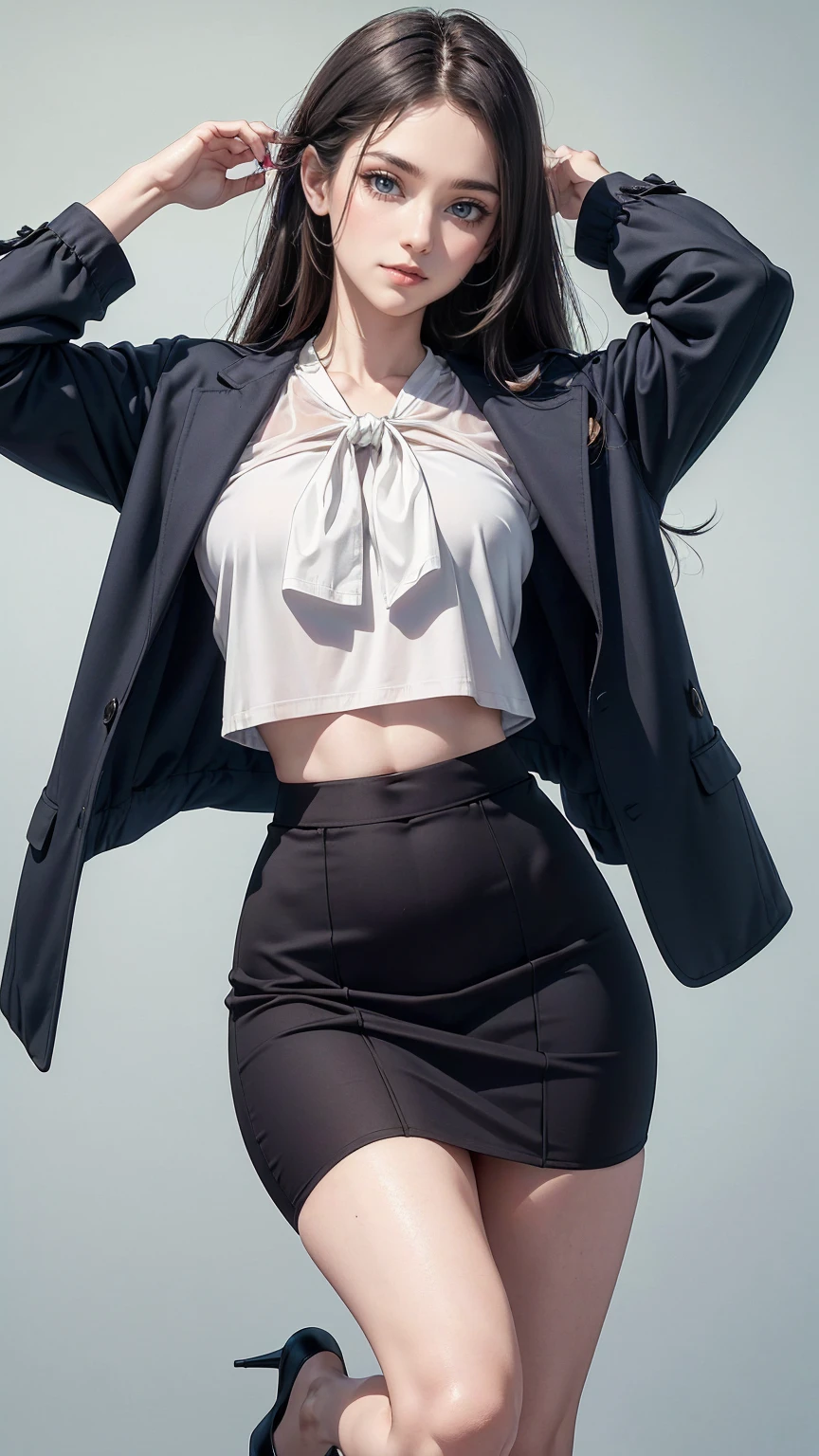 ((最high quality, 8K, masterpiece: 1.3, Ultra HD, high quality, 最high quality, High resolution, realism)) 、25 year old white woman、brunette、blue eyes、long hair、straight hair、Tie up your hair、smile、Slender but well-proportioned muscular body、I don't want my head to disappear from the screen.、Wearing red nail polish、I have a peticure、((Sheer))淡いピンクのブラウスI'm wearing、((On top of the blouse))Jacket((midriff jacket))I'm wearing、high waist skirt((high waist skirt))I'm wearing it、pumps((pumps))I'm wearing it、pastel colored background、smile