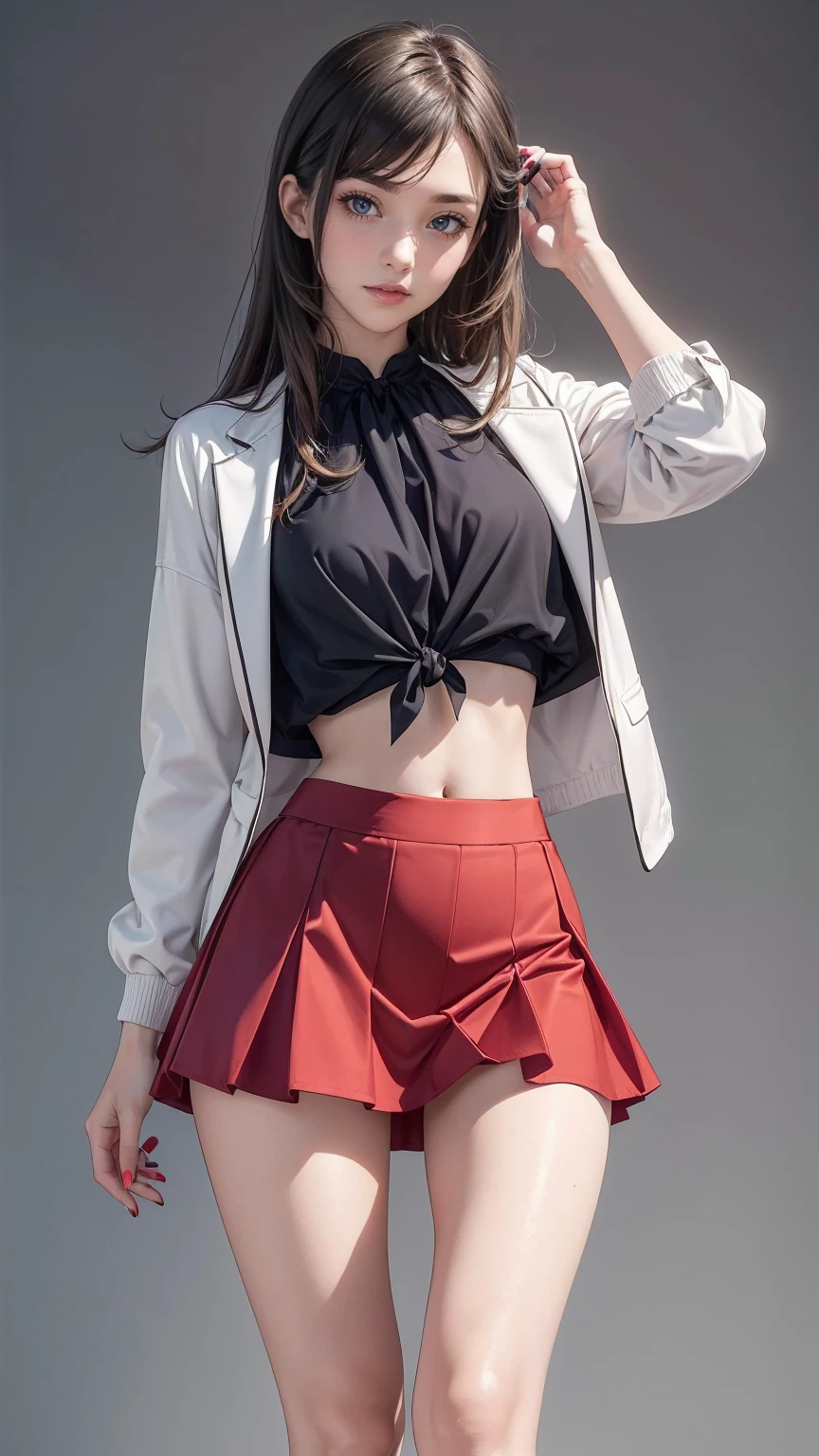 ((最high quality, 8K, masterpiece: 1.3, Ultra HD, high quality, 最high quality, High resolution, realism)) 、25 year old white woman、brunette、blue eyes、long hair、straight hair、Tie up your hair、smile、Slender but well-proportioned muscular body、I don't want my head to disappear from the screen.、Wearing red nail polish、I have a peticure、((Sheer))淡いピンクのブラウスI'm wearing、((On top of the blouse))Jacket((midriff jacket))I'm wearing、high waist skirt((high waist skirt))I'm wearing it、pumps((pumps))I'm wearing it、pastel colored background、smile