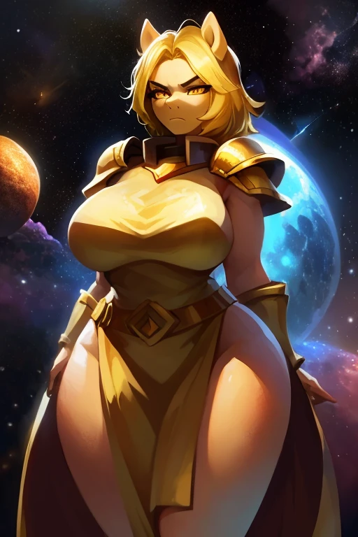 "((stronge)), ((thicc and curvy)), ((solo girl)) ((better quality)), full body, anthrophomorphic female pony, yeallow lemon skin, golden eyes pulpils, serious expression, short yeallow chedar hair, goddess yeallow brass tunic, bronze belt, golden braces, shoulder golden armor, dark long yeallow mustard skirt, (((space background)))