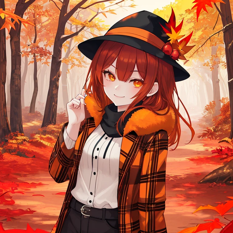 autumn, autumn outfit, plaid coat, naughty smile, domineering smile, arrogant expression, cocky, autumn trees, red leaves, orange leaves, yellow leaves, forest, sunny