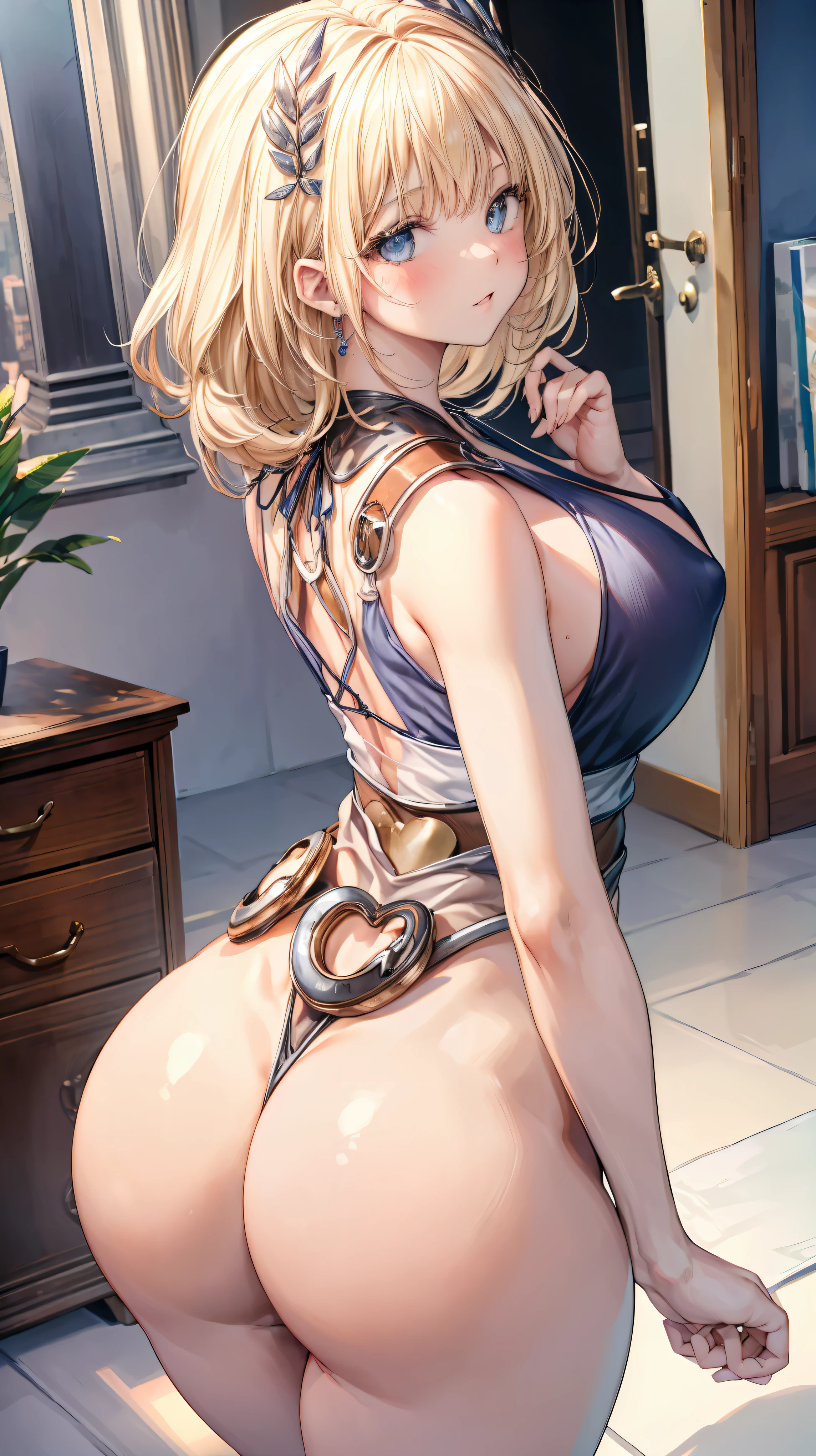 ultra-detailed、highest quality、Highest image quality、master piece、8K、blonde curly hair、(SFW huge body)、(((Rear view)))、cowboy shot、butt、T-back、underwear model