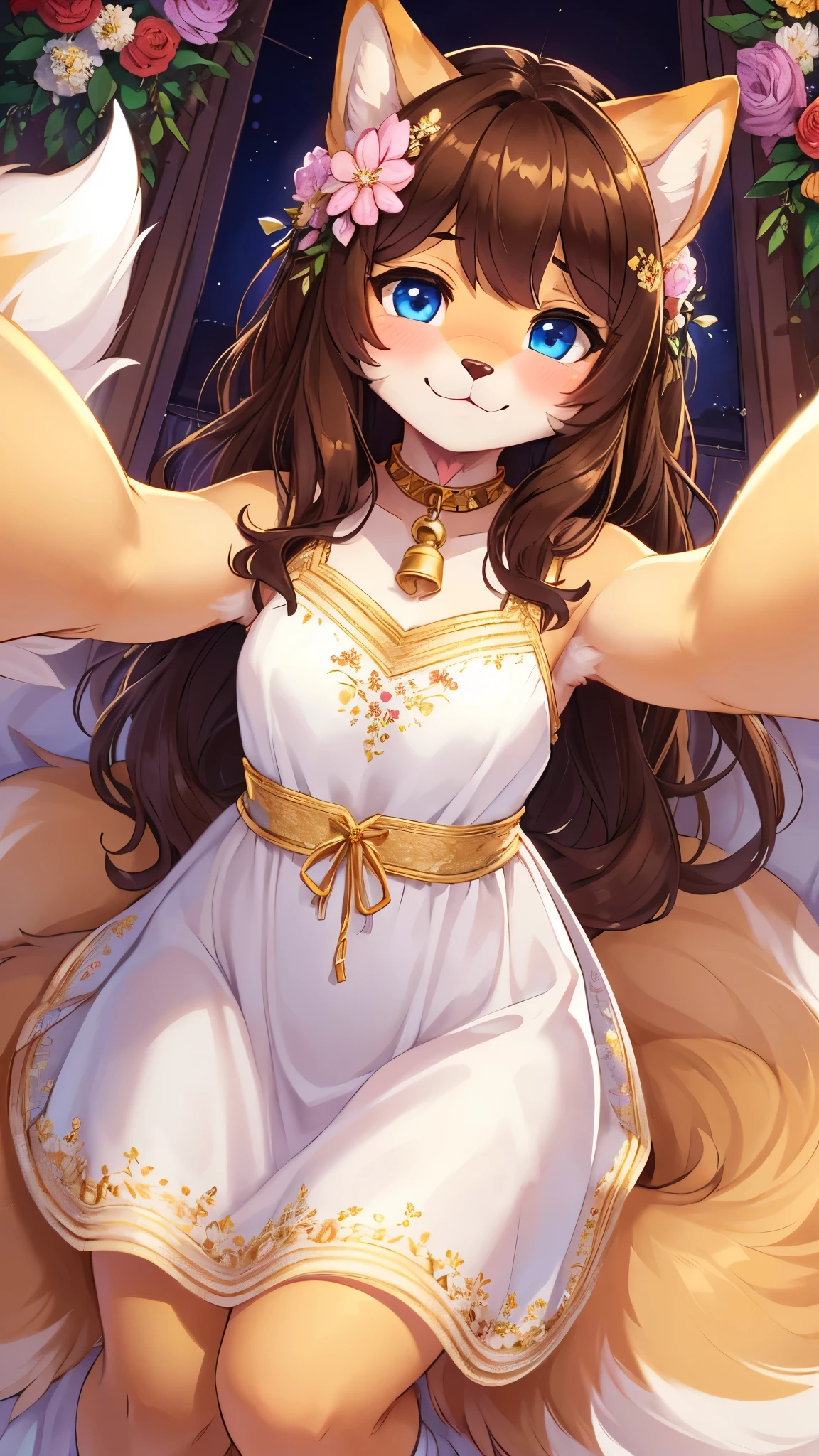best quality,best resolution,(fluffy anthro furry :1.3),(young :1.6),solo,cat girl,gold canine ears,gold dog tail,small breasts,dark brown hair,long hair,wavy hair,curvy hair,blue eyes,glisterling eyes,sparkle eyes,glowing eyes,gold fur,gold pubic fur,gold neck fur,naked,small bell collar,wedding veil,white stockings,lace,raffles,wedding bedroom,flowers on bed,romantic light,white curtains,light and shadow,looking at viewer,full face blush,heart eyes,heart expression eyes,shy face,smile,very hot,heavy breath,front view,stand,upper body only,close up,face to face,shy pose