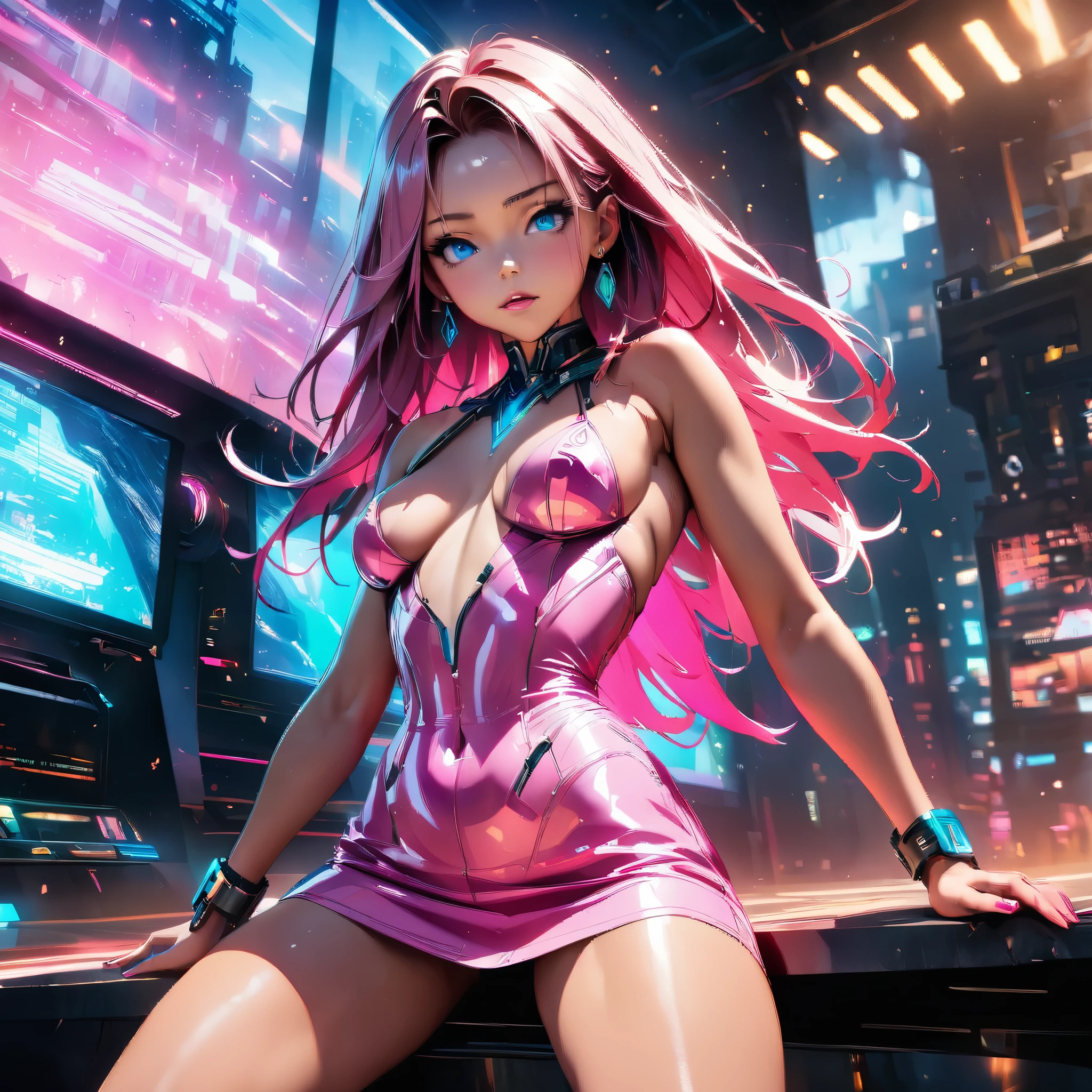 ((Very nice young girl in full height 16+))_((With pink hair, posing in black and pink clothes with a pink rhinoceros), (tanned skin, dark skin, seductive - hot stripper), (very sexy), (NSFW), (modern style, comics, cyberpunk, future, colored fill, rich colors))_((Very elegant, stands half-turned, athletic posture), (looks at the viewer). Tattoos on the body, fashionable short dress, devices on the body))_(( Strip club, city of the future, evening city, lights, illumination), (high image quality, Full HD), (cinematic comic, 3D visualization_in comic style - linear stroke, color fill, high-quality stroke - masterpiece), (TOP computer graphics ART) )_((Dark lighting, strong shading), (bright, anime, comic, creative, sharp focus, 8K))_(Highly detailed drawing, lines, high-quality background (shades of cool tones, red, warm highlights, side lighting), (Architecture, cyberpunk, futurism. Film grains, dust and particles in the air)).