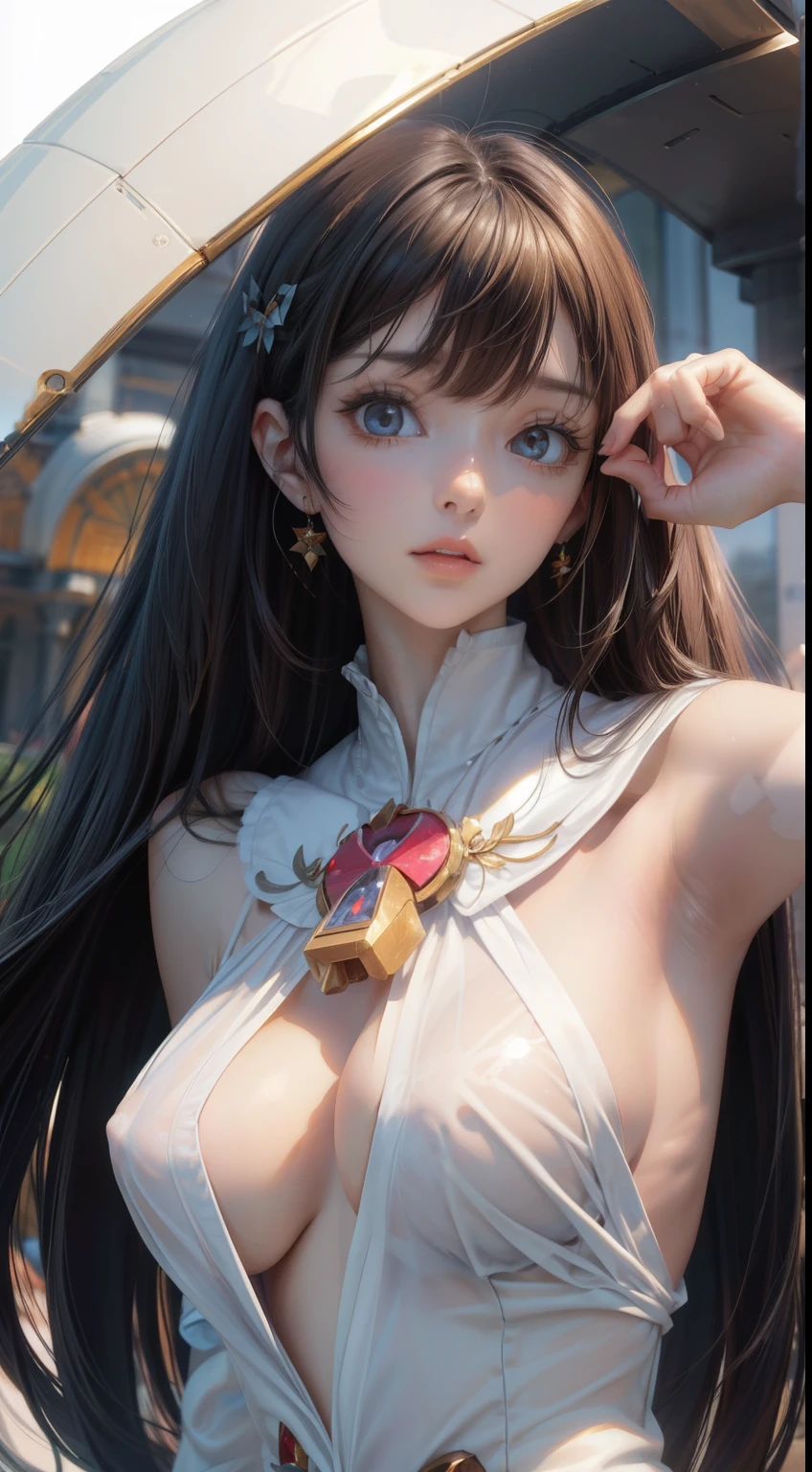 1 girl,(highly detailed skin),bent,,beautiful胸,big breasts,pale skin,pointed chest,erect nipples,(fantasy art,best image quality,surrealist portrait,(8K),Super realistic,最high quality, high quality, High resolution, high quality texture,high detail,beautiful,become familiar with,Very detailed CG,become familiar withテクスチャー,realistic expression,masterpiece,sense of presence,dynamic,bold),long hair,(super thin hair),(super soft hair),(ultra straight hair:1.5),long flowing bangs,black hair、hair above one eye、sakurahime、wearing a white dress、pale skin、Smooth skin like porcelain、smile、sexy look、trance expression、Viewers are watching、Captivate your audience、facing forward、young woman、pure erotic face、the cutest in the world、I、Two-dimensional beautiful girl