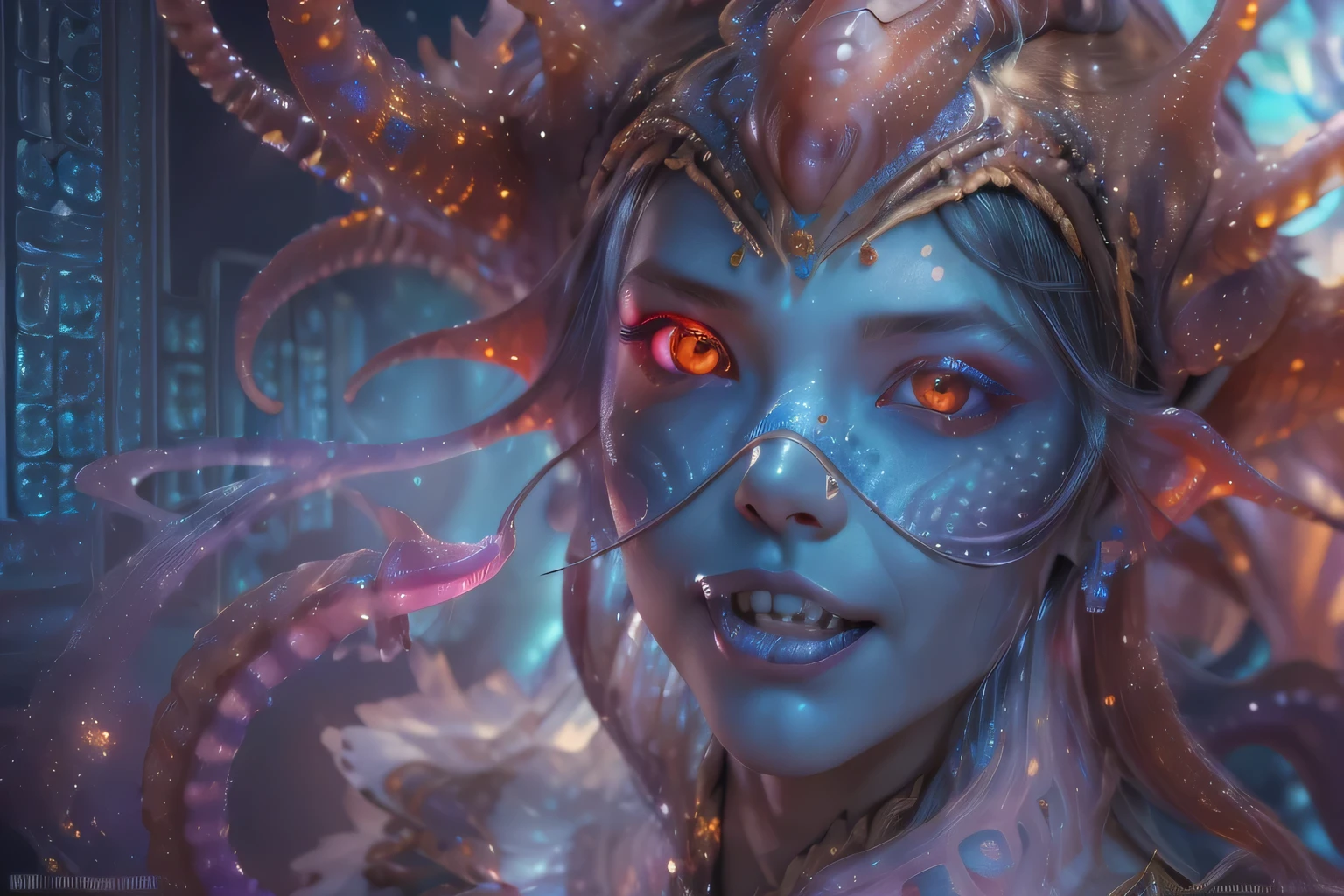 The detailed art is awesome and sexy with color., Portrait, (Beautiful and obscene female alien:1.4), (Rudeness 1.5), (She has red eyes with no pupils.:1.8), (Bright skin:1.7),  ((There is an organ resembling a female genitalia in the middle of the forehead.:1.9)), (The most beautiful faces in the history of the universe:1.2),The evil eyes that beguile, (big mouth:1.1), (Sharp teeth like a vampire:1.2), full body image, (bioluminescent:1.5), (evil smile:1.3),  (sexy pose:1.5), Incredibly beautiful aliens, (She has unrivaled beauty.:1.5),  no human, cells are fused, (Many translucent tentacles:1.3) extraterrestrial, cell, Biological image, best quality, 8k,In 4K format_quality, Highly refreshing, incredible light, table top:1.5,cinematic quality, More details, (exquisite details:1.2), high resolution, Highly refreshing, Honest drawing, (Thick eyebrows:1.2), Beautiful eyes have delicate symmetry.,(Highly detailed faces and eyes:1.2), close face, (Super detailed skin quality feeling:1.4), perfect anatomy,  (The body has a beautiful tone.:1.5),  (Moisturized skin:1.2), No makeup, (dark circle:1.1), Long fangs, Movie character drawing, ultra high quality model, cinematic quality, More details, (exquisite details:1.2), high resolution, Highly refreshing, Honest drawing, official art, Unity 8k Wall  , 8k Portrait, best quality, Very high resolution, Ultra-detailed artistic photography, midnight aura,  Unreal Engine 5, Extremely sharp focus, Artwork by Amano Yoshitaka., RTM germs, Rorich, intricate artwork, best quality, Masterpiece, ultra high resolution, (photorealistic photo:1.4), Ultra-realism, dreamlike, snail, Imagination, snail, Dream snail, (biopunk snail:1.3),Exciting color tones, Ultra-realism, charming smile, (white and blue mustache:1.4), Delicate gold accents 